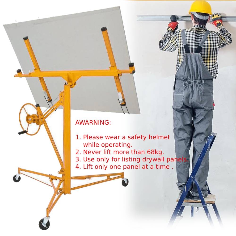 11 FT Drywall Rolling Lifter Panel Hoist Jack Lifter with Lockable Wheels Yellow