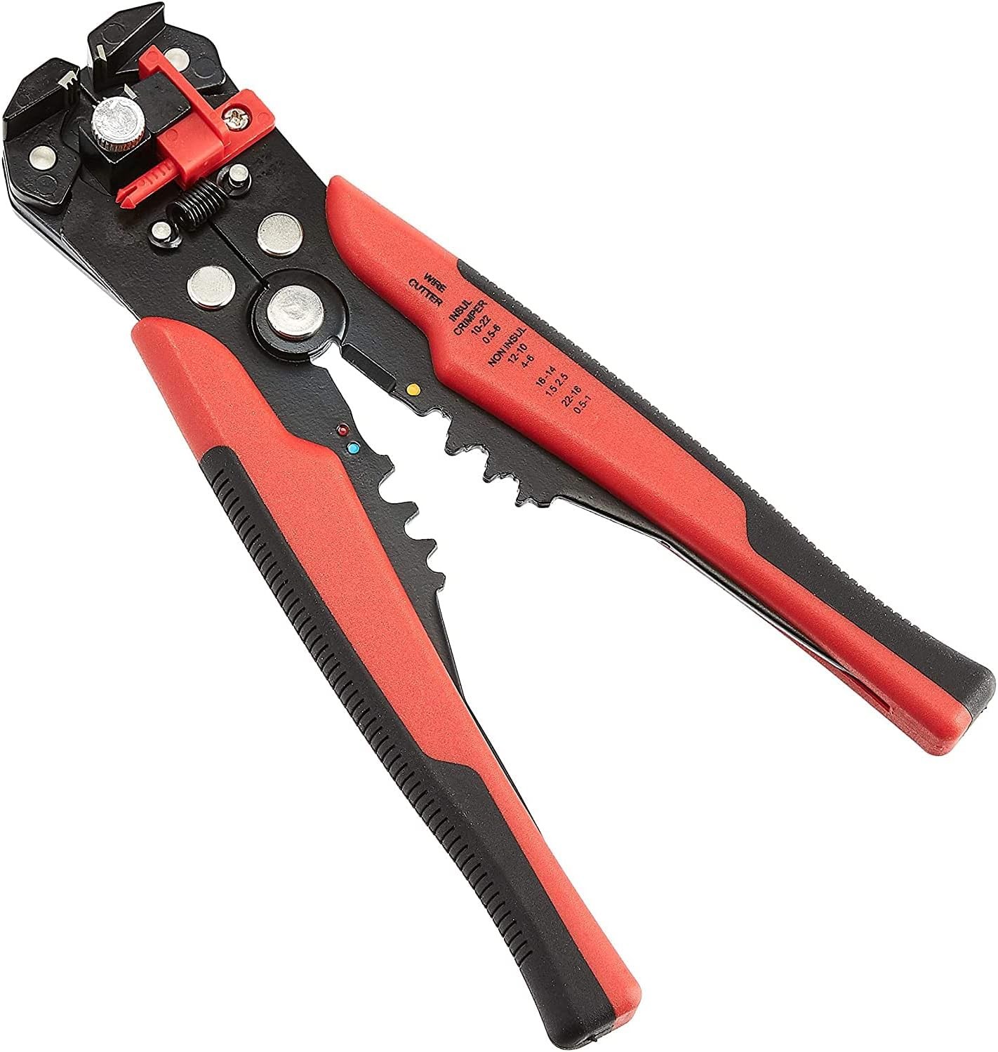 Wire Stripper and Crimping Tool, Self-Adjusting for 10-24 AWG, Red/Black Design