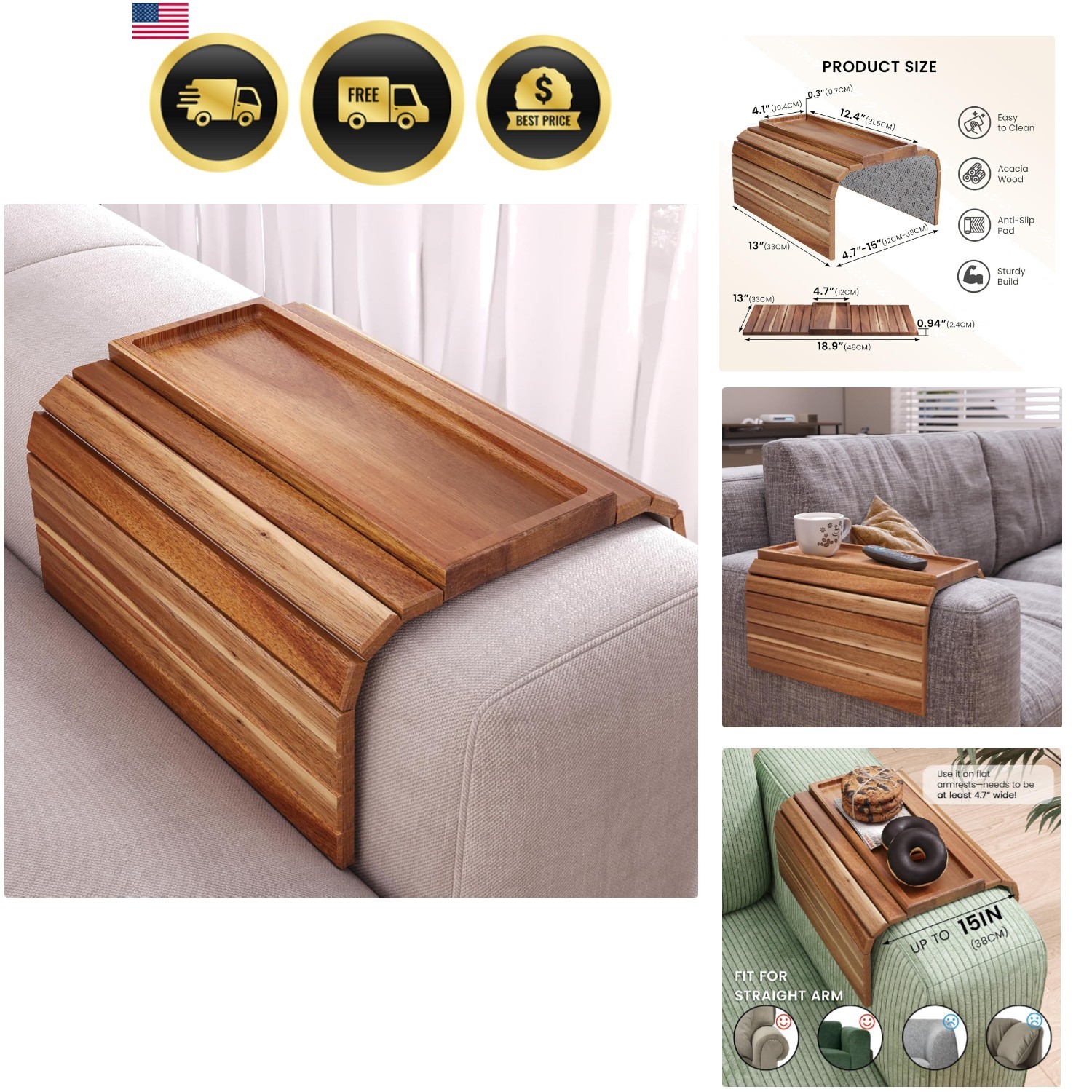 Sofa Arm Tray,Acacia Wood Folding Couch Arm Tray,Sofa Armrest Trays with Anti...