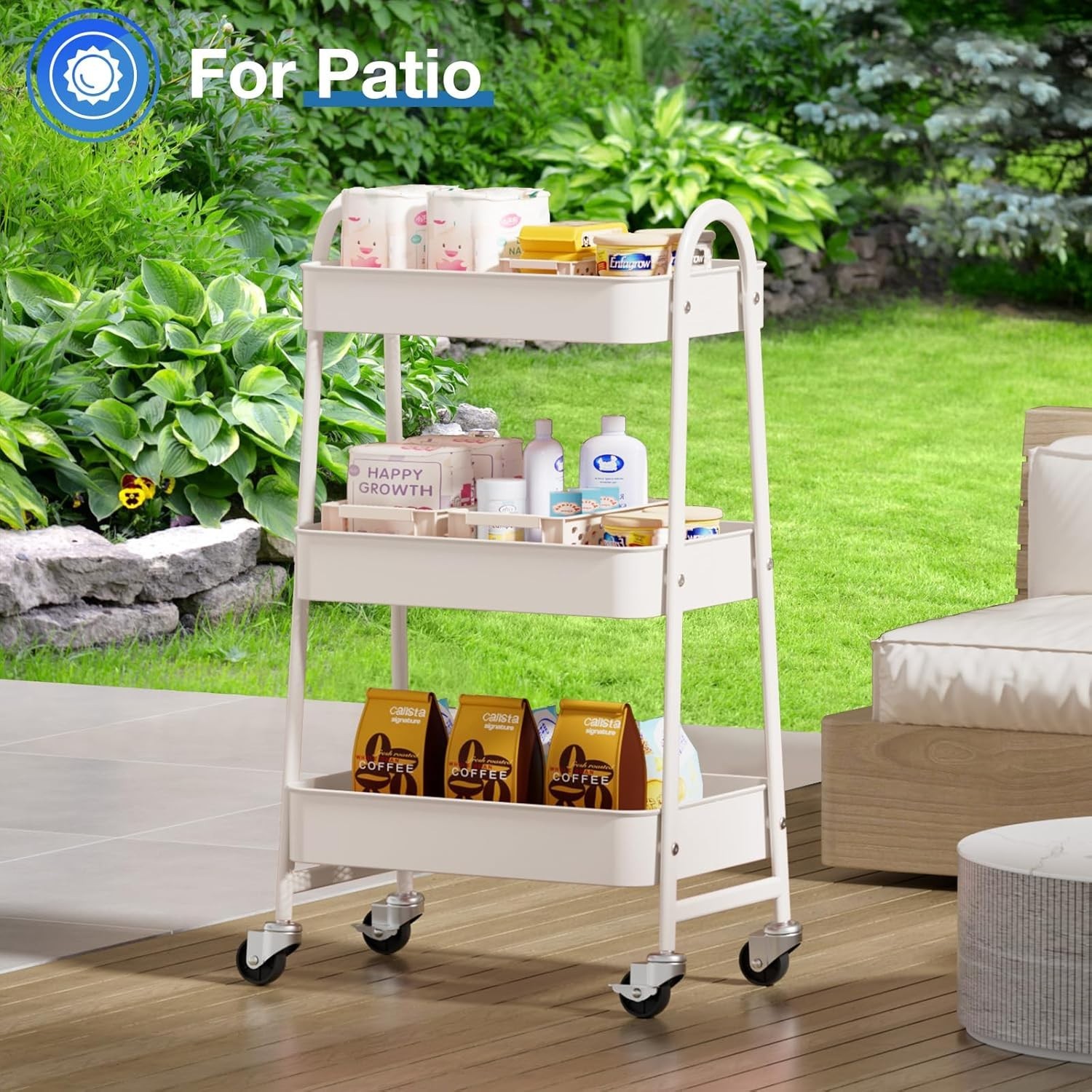 Rolling Storage Cart with Lockable Wheels Metal Utility Organizer Shelf White