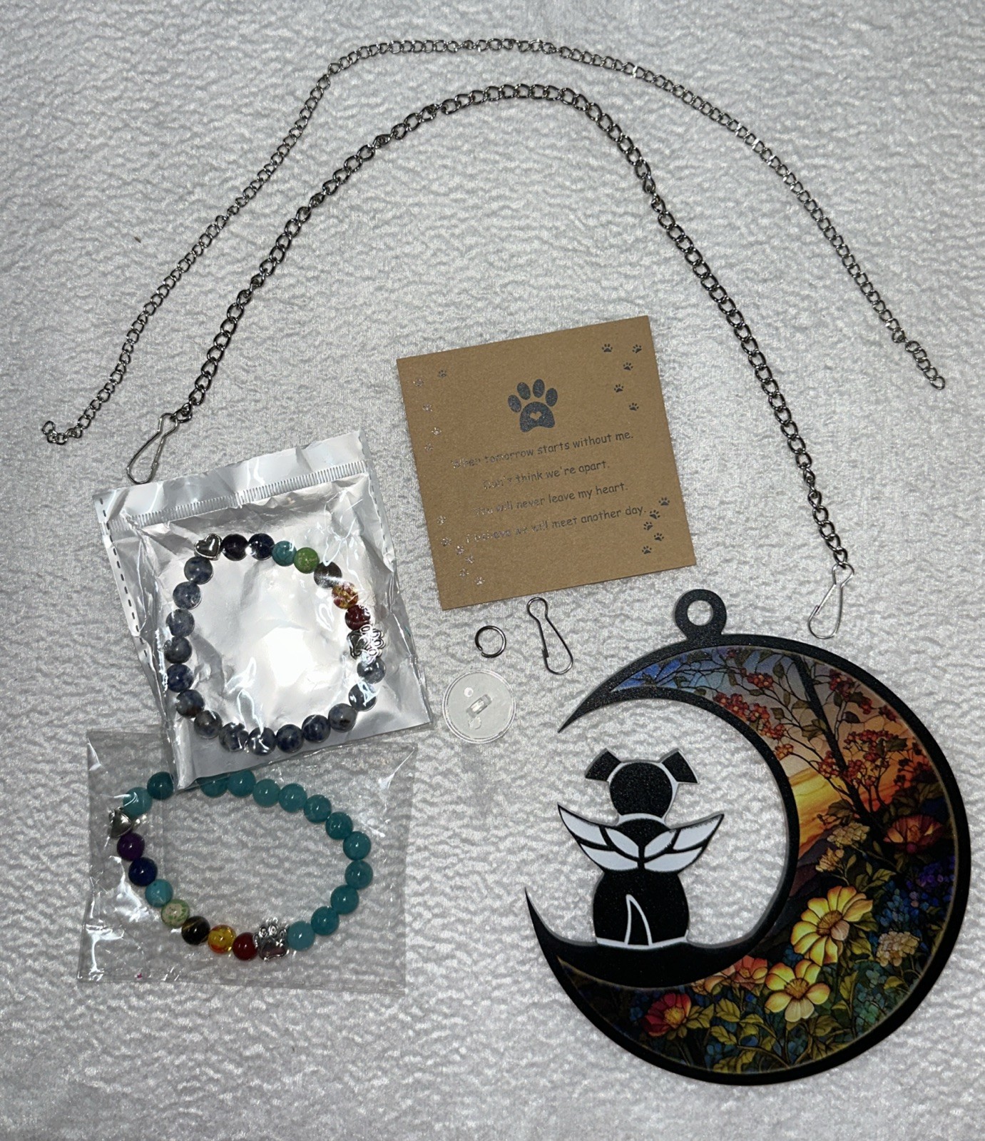 Pet Memorial Gift Dog Paw Prints Window Hanging 2 Bracelets Pet Loss Gift NIB