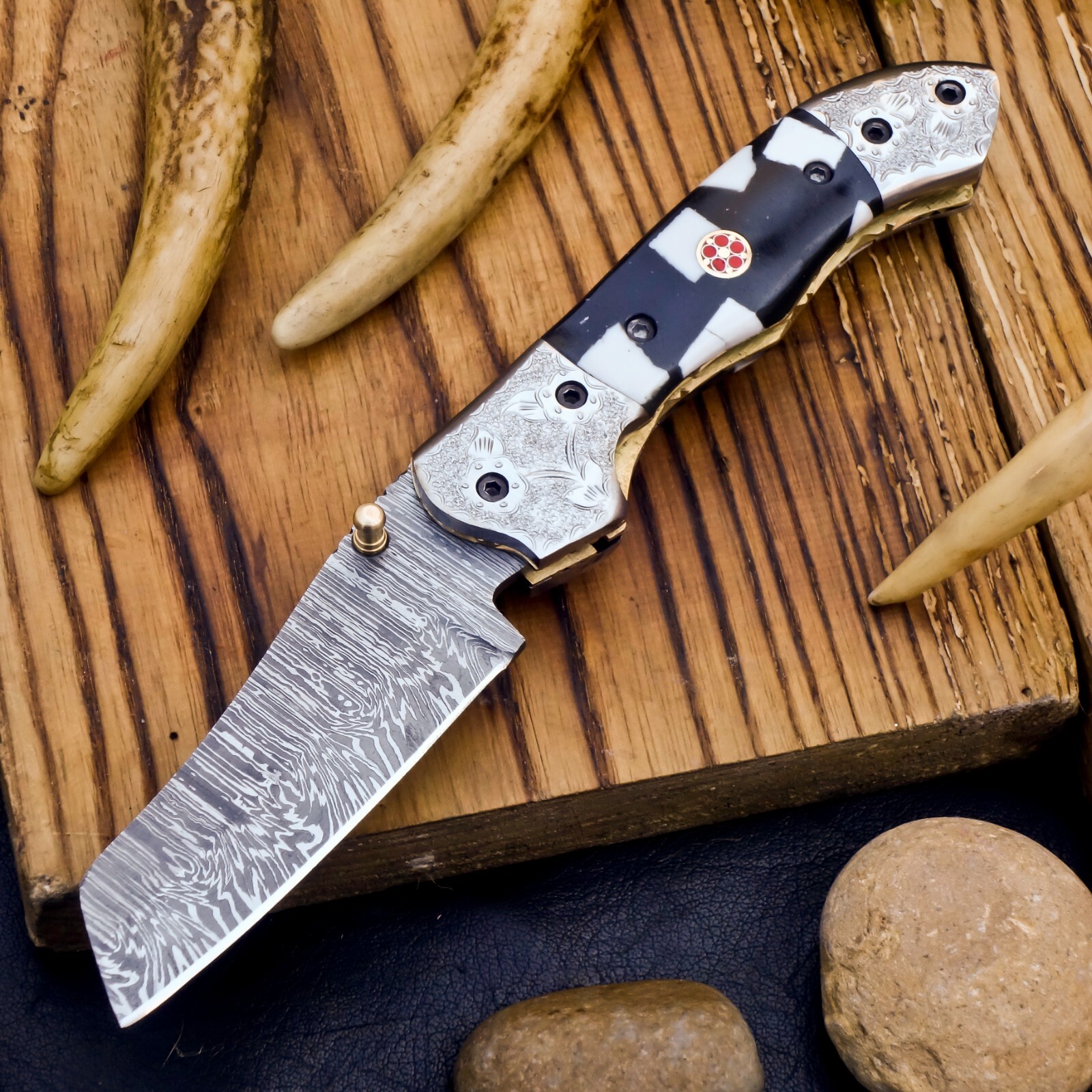 SHARD Hand Forged Damascus Pocket Knife Folding Reverse Tanto Blade W/Sheath