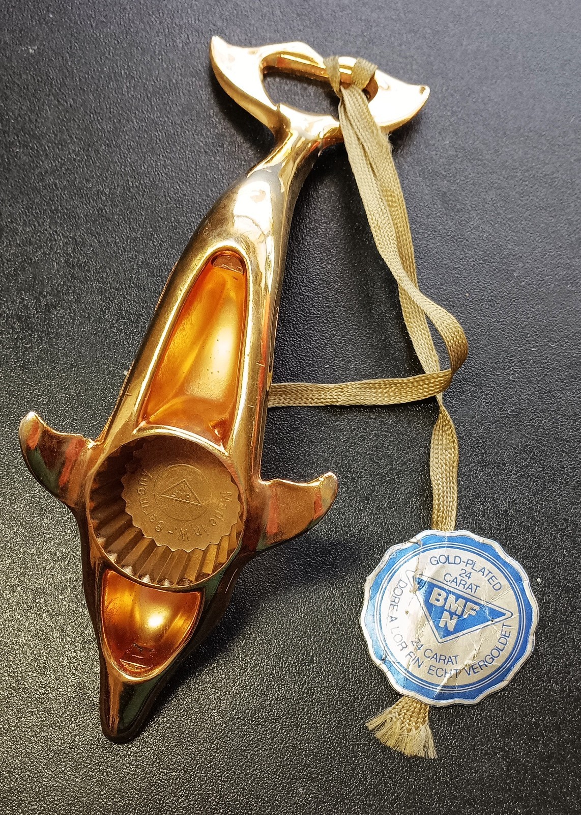 Vintage Bottle Opener 24k Gold Plated Dolphin BMF - West Germany - Label