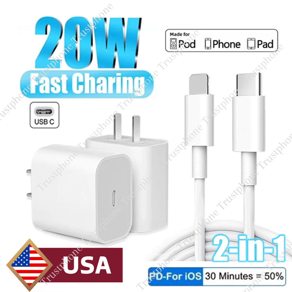 For iPhone 11/12/13/14 Pro 20W USB-C Fast Charger Power Adapter Cube Cable Cord