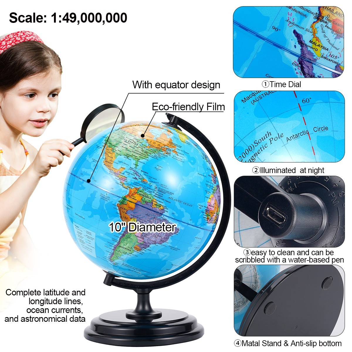 10inch World Globe Desktop Tabletop Globe Geography Teaching Globe for Children