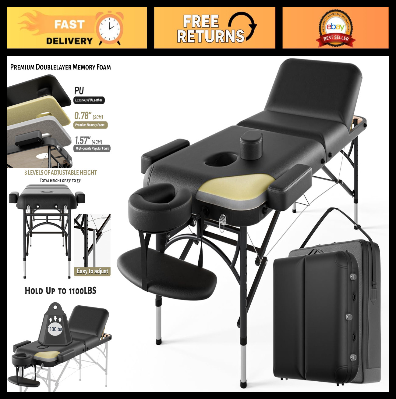 Portable 3-Fold Massage Table - Premium Memory Foam, Adjustable Height, 1100LBS