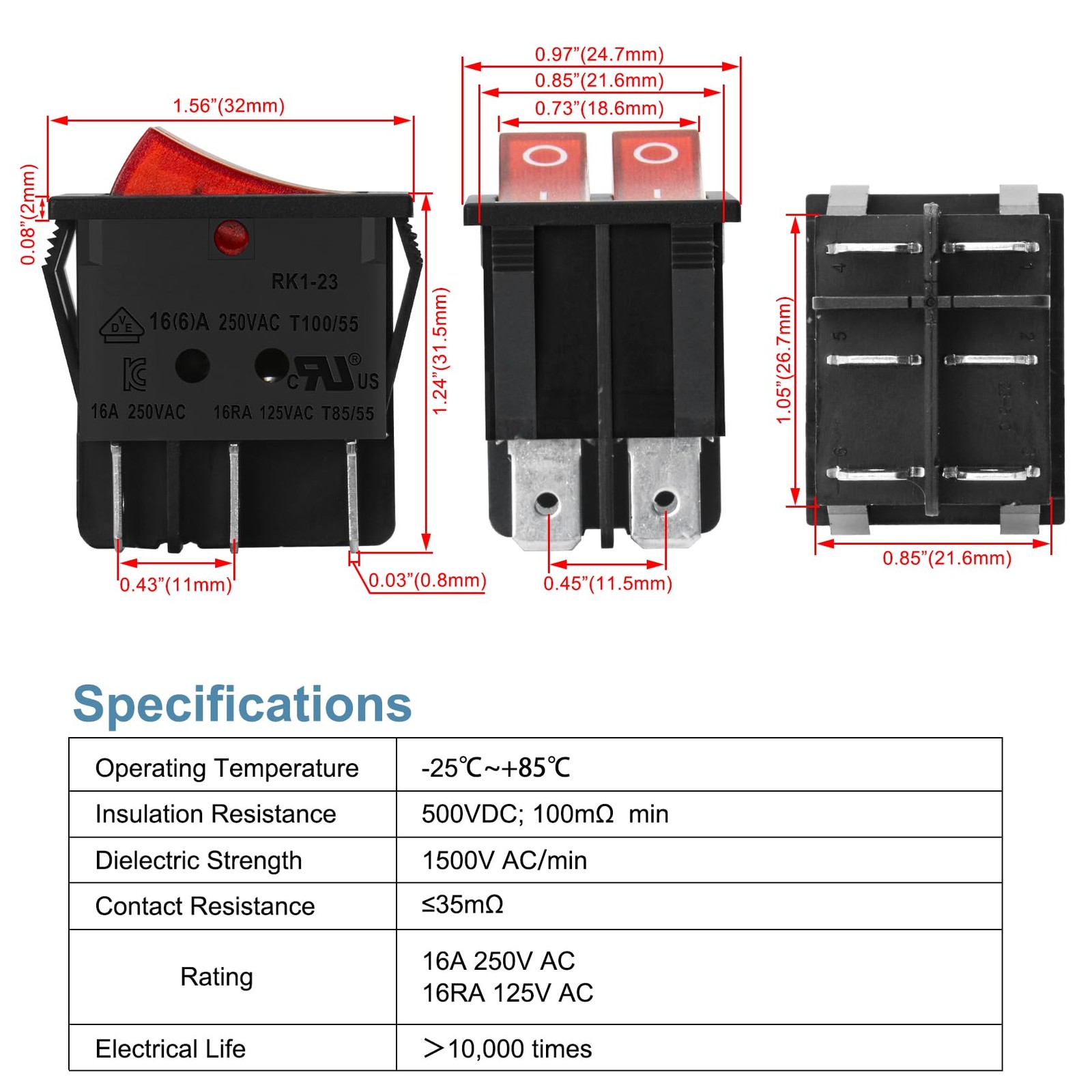Double Rocker Switch Spst Onoff 6 Terminals Red Light 16a 250vac 2pack