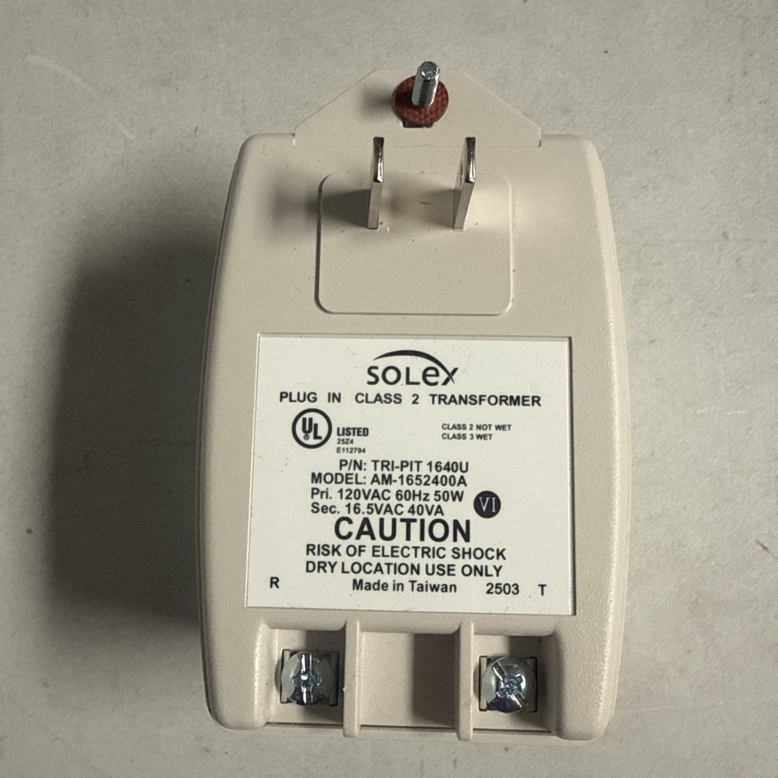 SOLEX Class 2 Transformer TRI-PIT 1640U, 16.5VAC, 40VA No Box "SHIPS FREE"