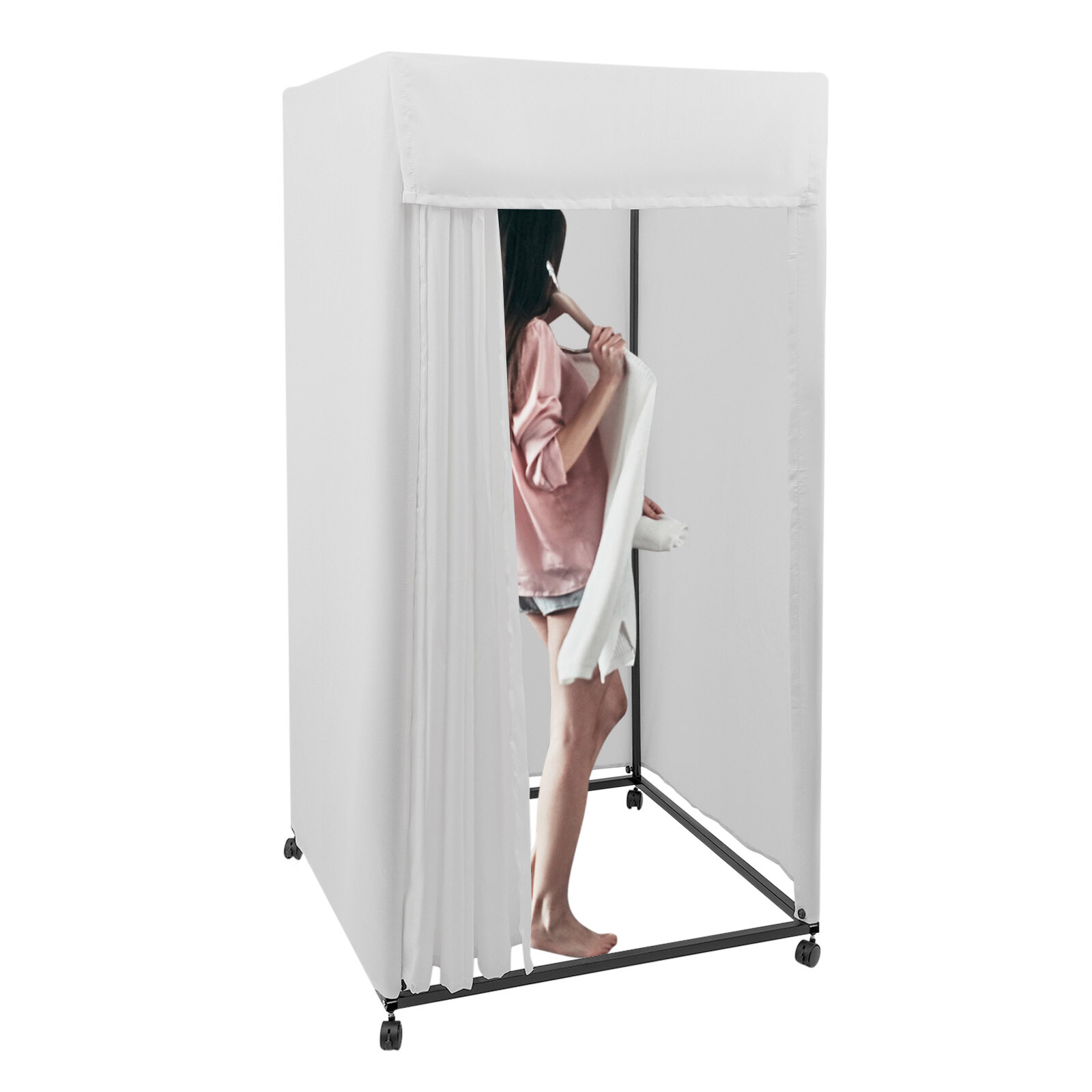 4-Wheels Portable Rectangular Dressing Room Freestanding Fitting Room Movable