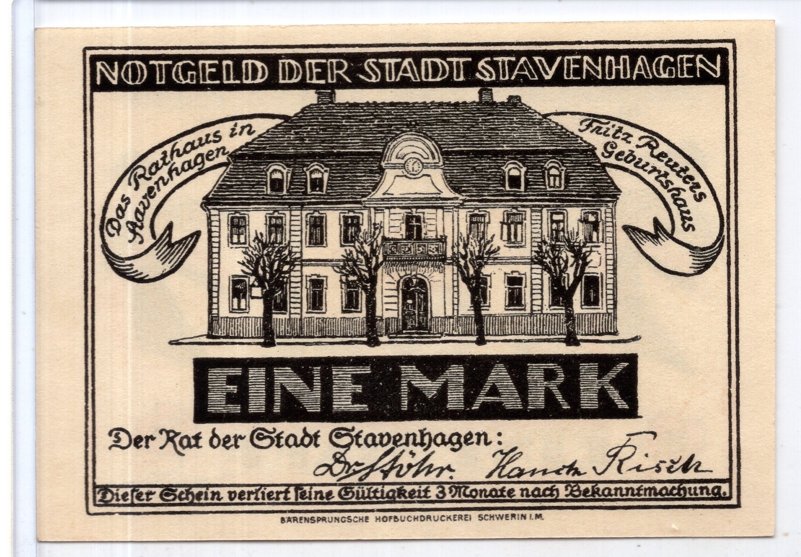 1921 Germany Stavenhagen Notgeld 1 Mark Note (NG575)
