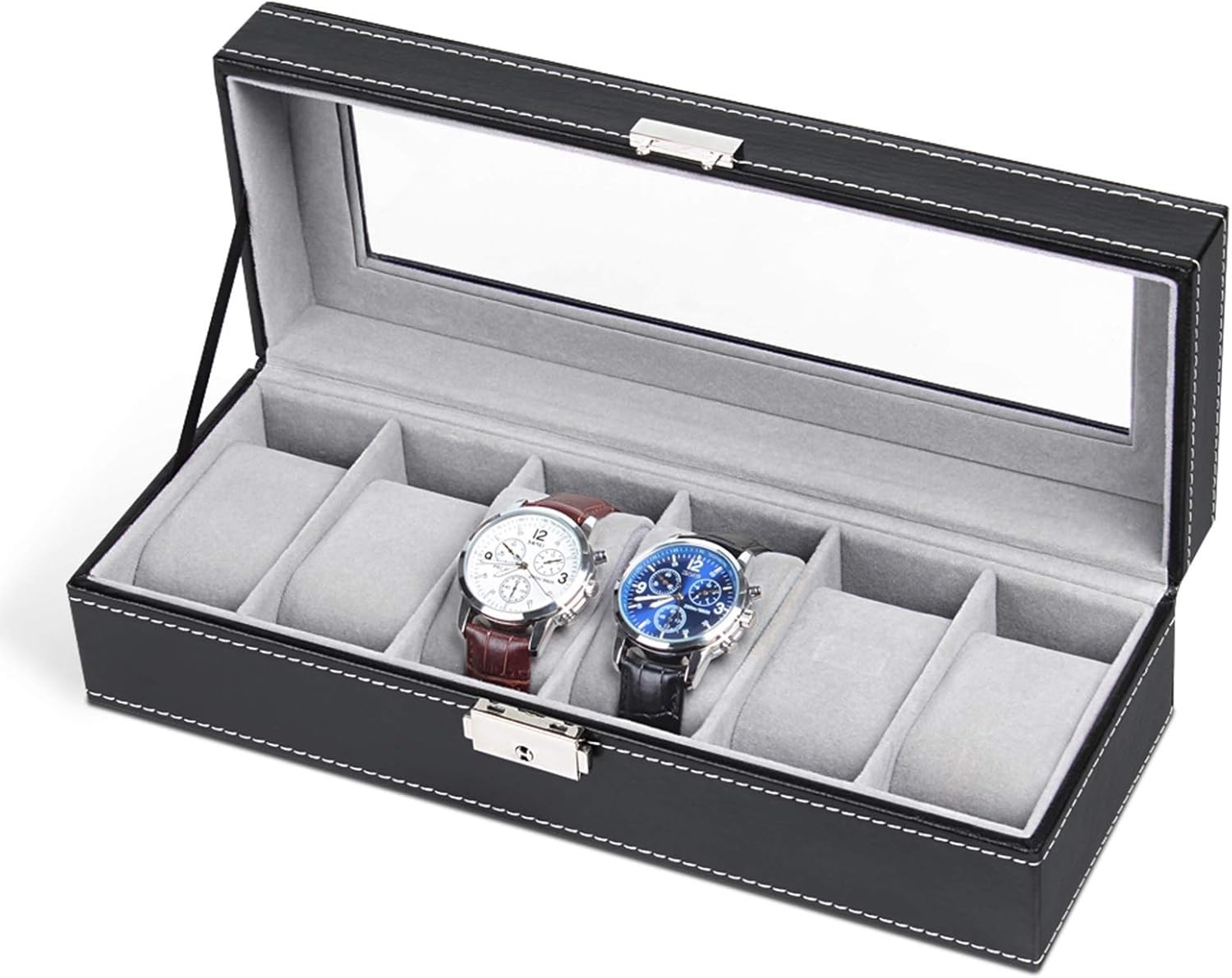 6 Slots Watch Box Organizer for Men, Black Watch Holder Stand Display Storage Ca