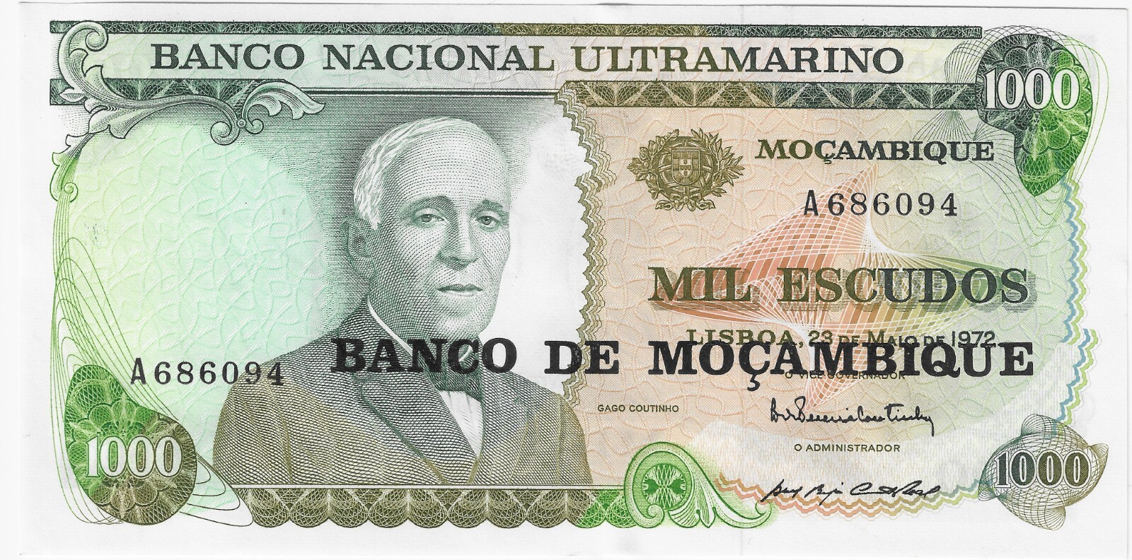 1976 Mozambique Banknote P119 1000 Escudos UNC Ultramarino