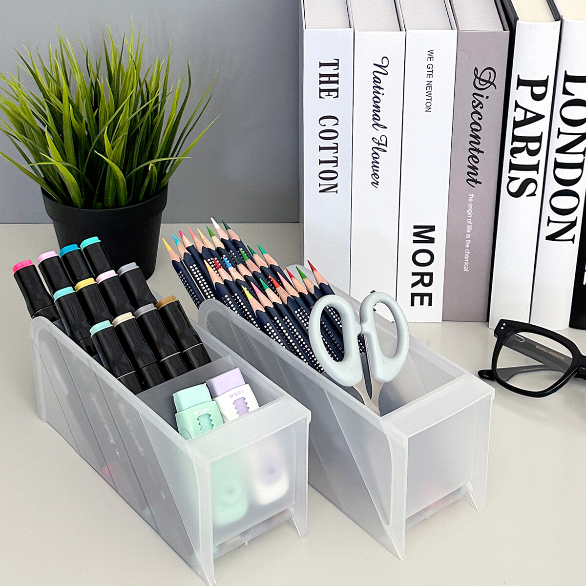 Wrapables 4 Compartments Desk Storage Pen Organizer, Large (2pcs) / Clear