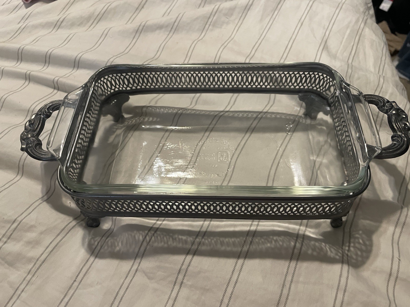 Anchor Hocking Silver Plate Rectangular Handled Serving Tray w/ Glass Insert
