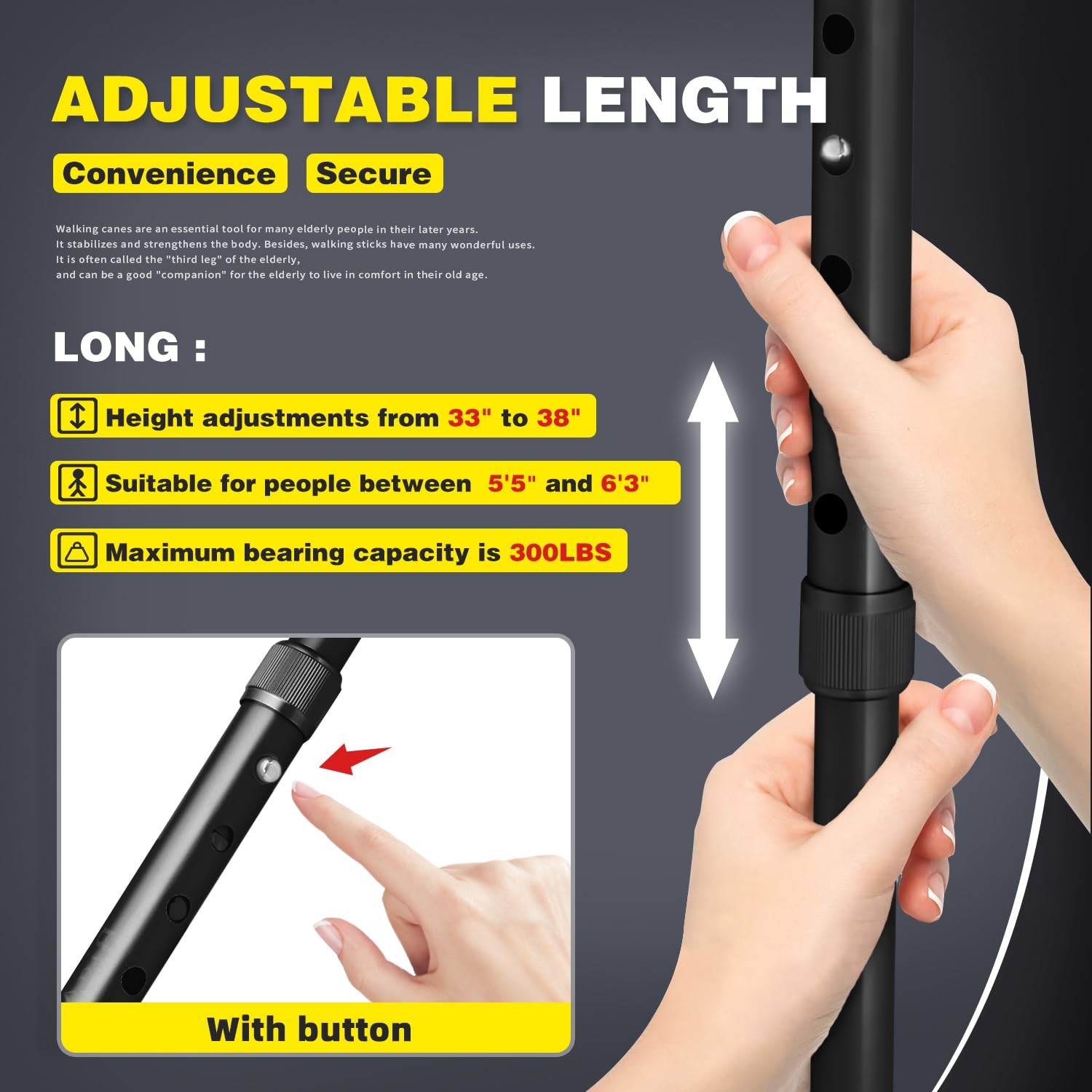 Folding Walking Cane with LED Light,Pivoting Quad Base,Adjustable Walking Sti...