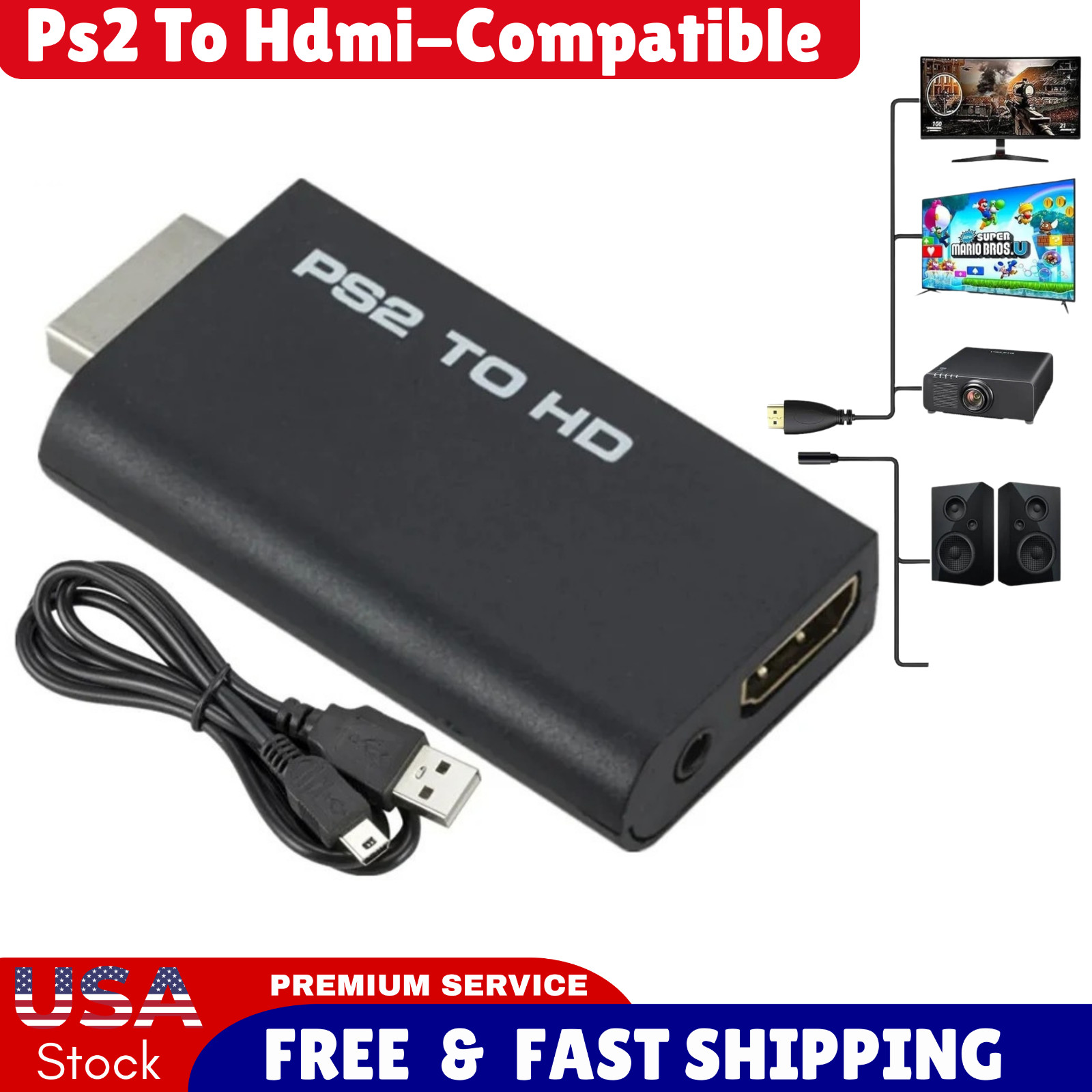 PS2 to HDMI Video Converter Adapter with 3.5mm Audio Output for HDTV Monitor Lot