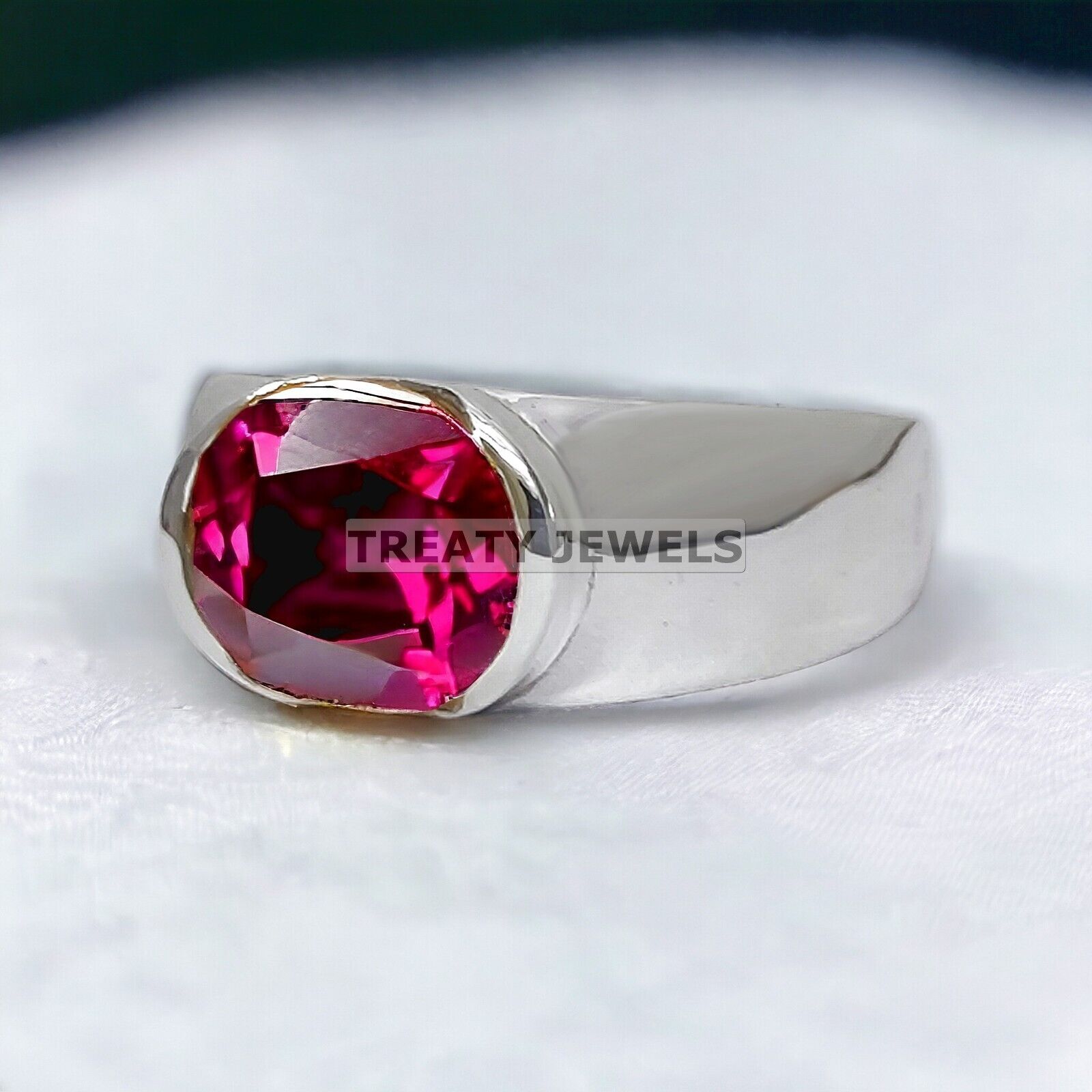 Ruby Oval Cut Gemstone With 14K Solid White Gold Ring For Men's #A23