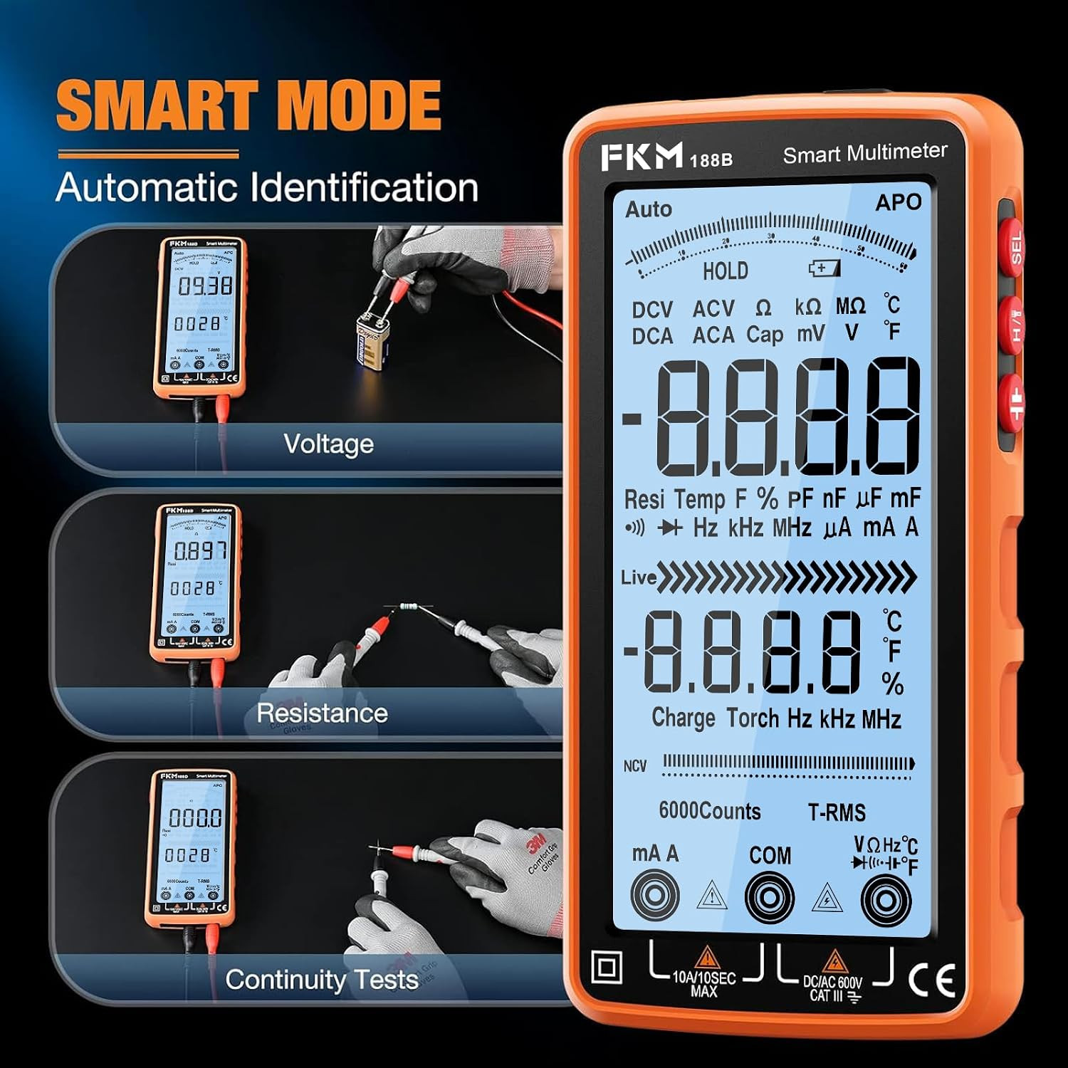 Rechargeable Digital Multimeter Tester Auto-Ranging TRMS 6000 Counts | Smart Vol