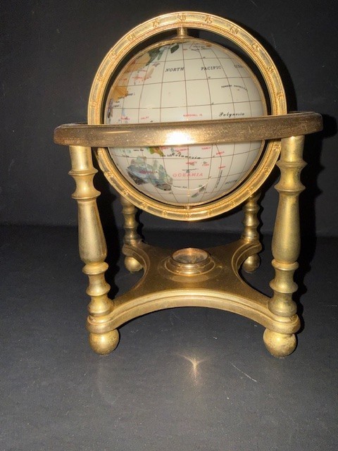 Gemstone Mother of Pearl Desktop Globe Gold Colored Stand 8" Tall with Compass