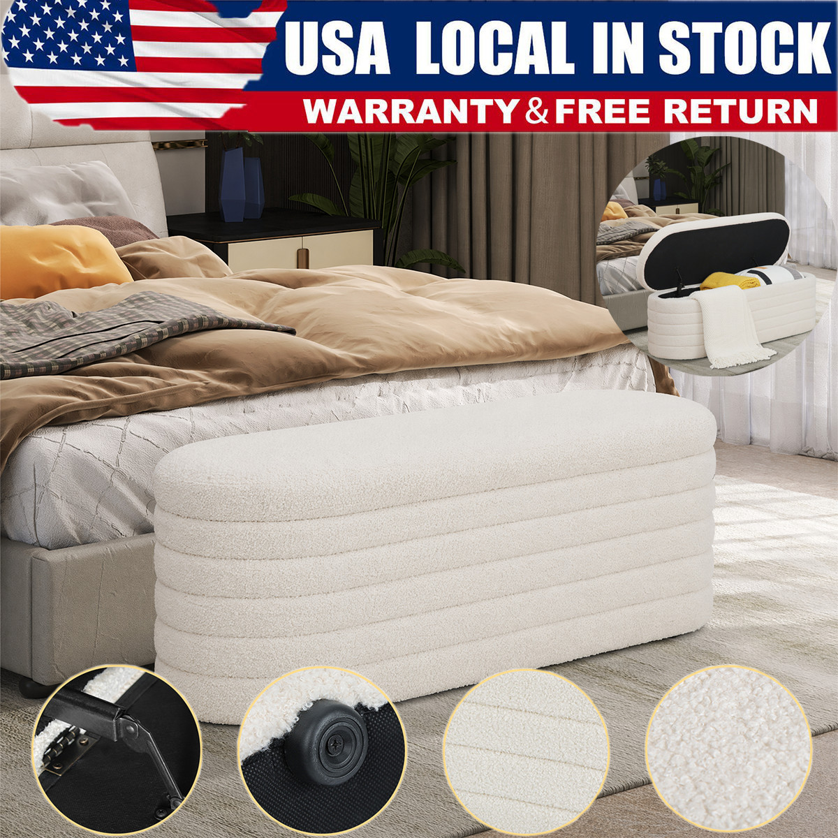 Storage Ottoman Bench 45" End of Bed Footrest Stool for Bedroom Modern Cozy US