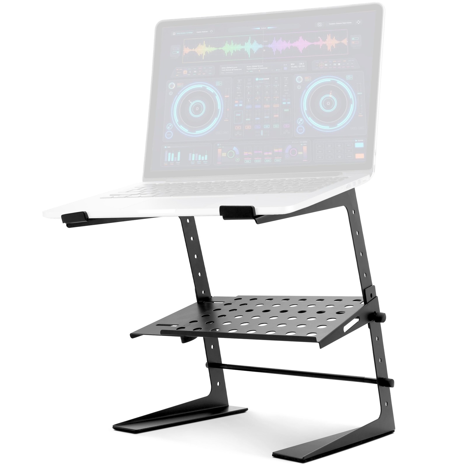 Pyle DJ Laptop Stand with Storage Shelf, Portable Adjustable Computer Black