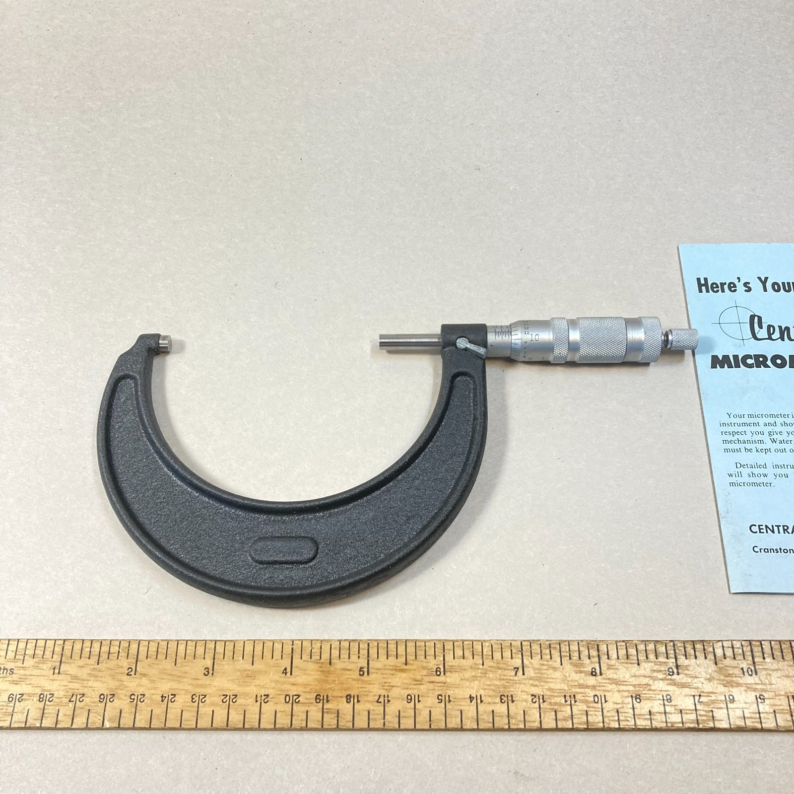 Central Tool 3"-4" Outside Micrometer Solid Frame Lock Nut Ratchet Stop w/ Box