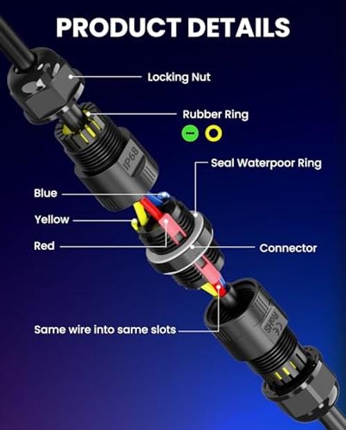 IP68 Tool-Free 3-Pin Waterproof Electrical Connector Box | Black - 3 Pack