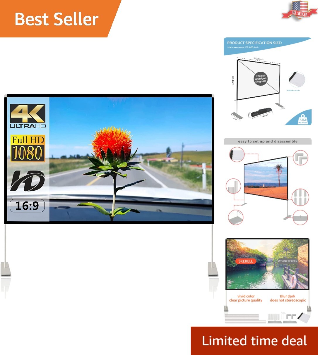 16:9 Projection Screen with Aluminum Stand - Ideal for Backyard Movie Nights