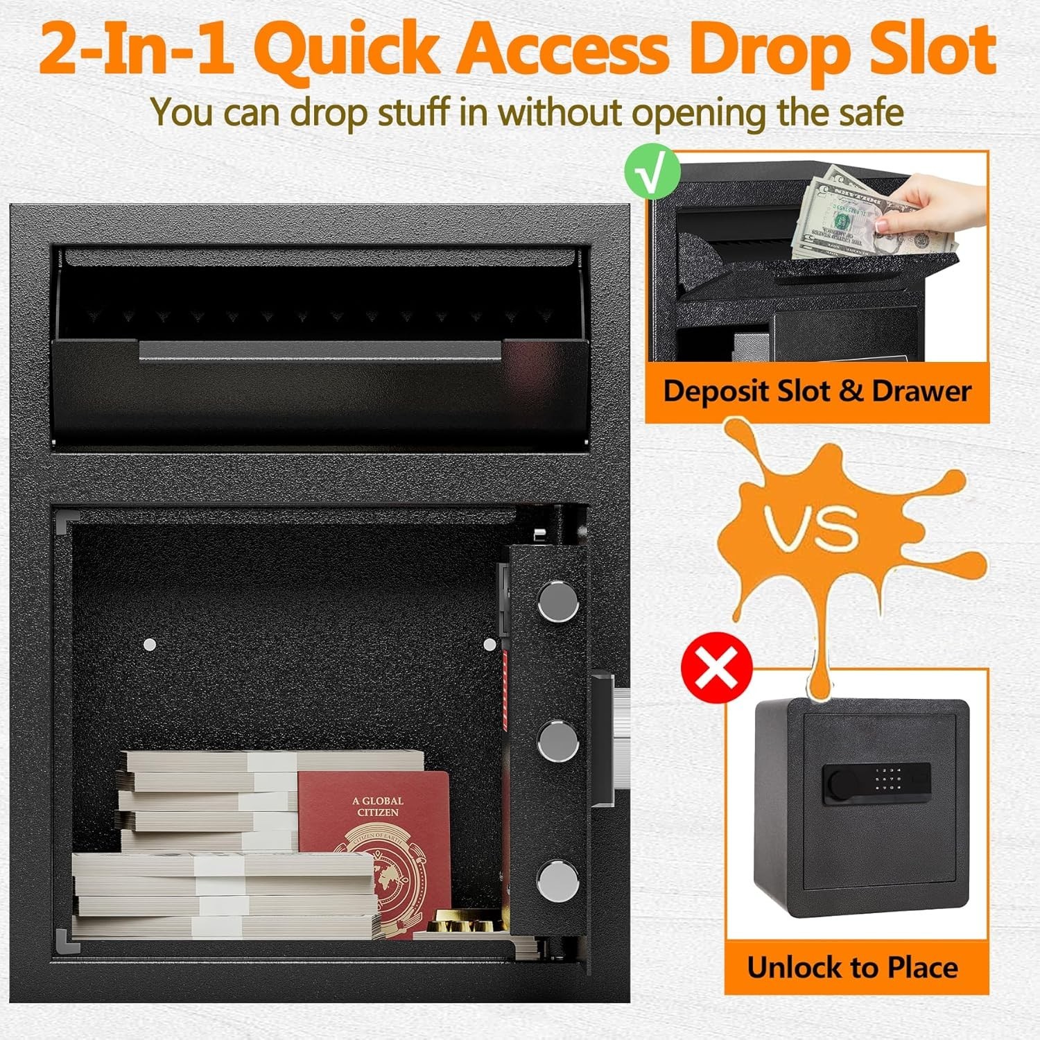 2.0 CUB Depository Drop Safe Fireproof, Front Drop Slot Lock Box with Digital Co