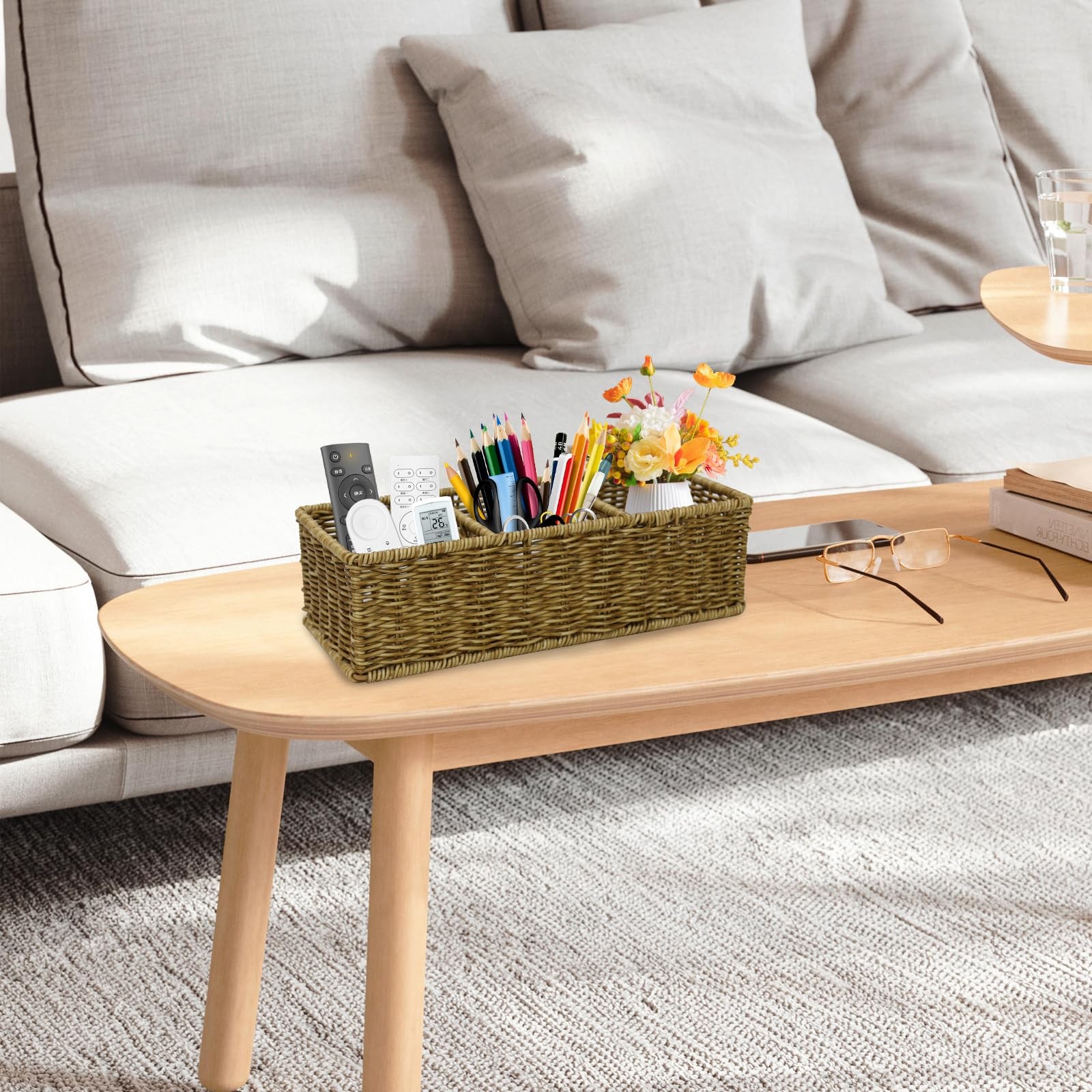Remote Control Holder TV Storage Basket Handwoven Wicker 3 Compartment Caddy