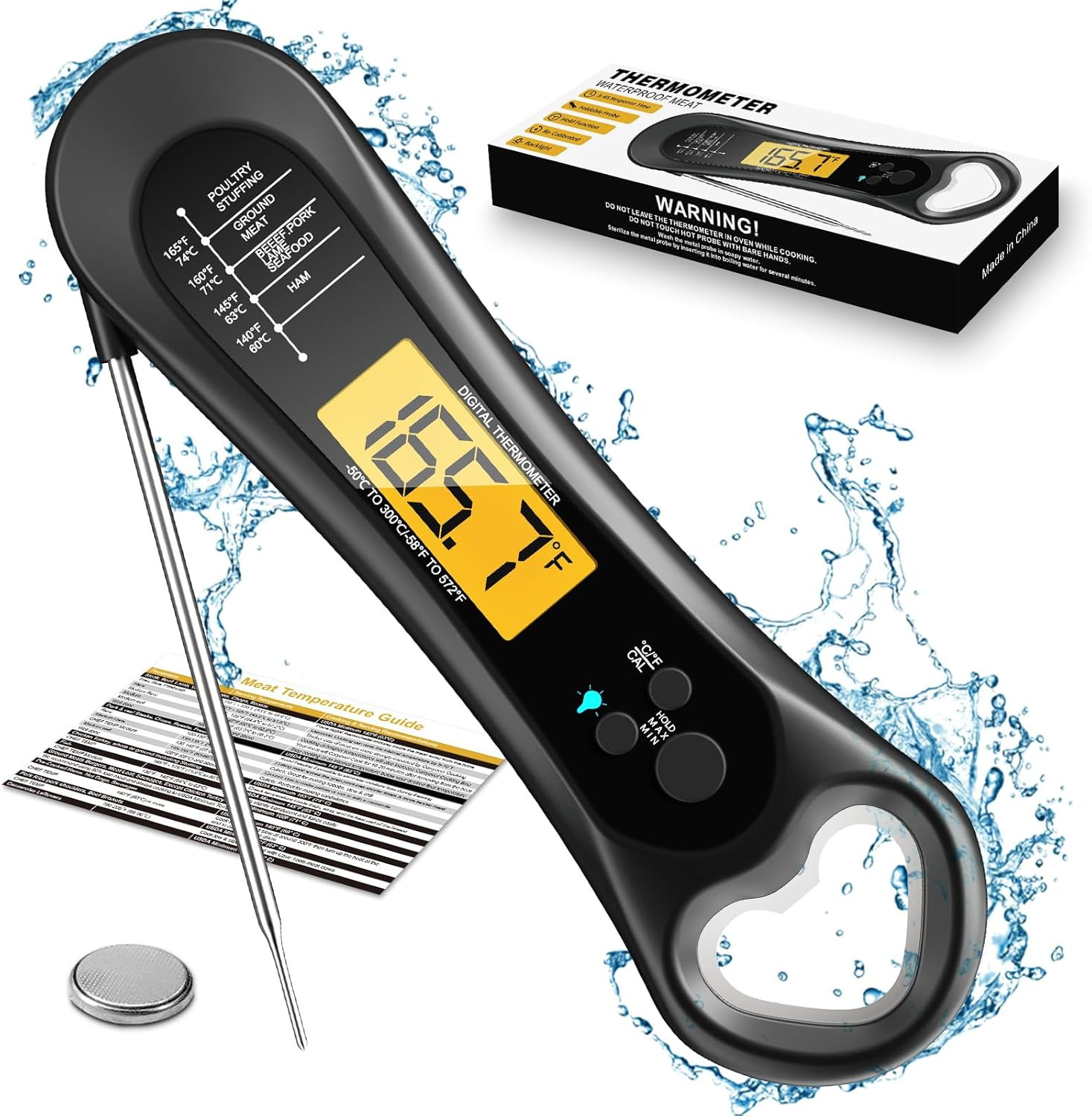 Digital Instant Meat Thermometer Grill BBQ Backlit Foldable Probe Bottle Opener