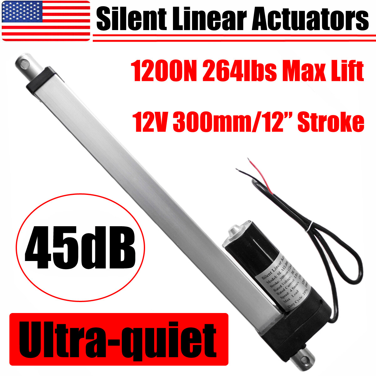 DC 12V 45dB Heavy Duty 1200N Lift Linear Actuator Motor Stroke 300mm 12" inch DO
