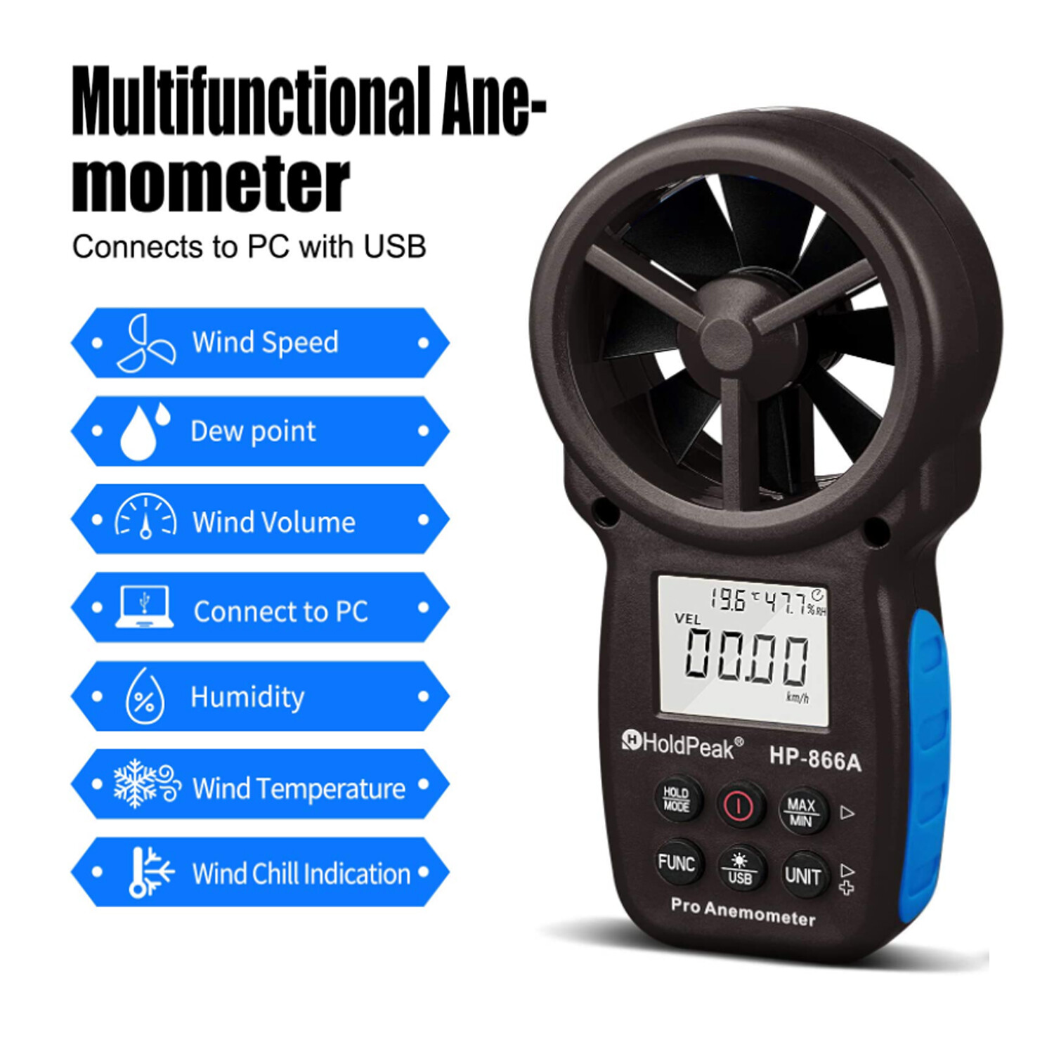6.5" USB Hold Peak CFM Anemometer Wind Speed Meter Air Flow Meter 0.3~40m/s New