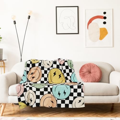 Fuzzy Flannel Blanket Hippie Smile Face Checkerboard Throw Blanket for Home