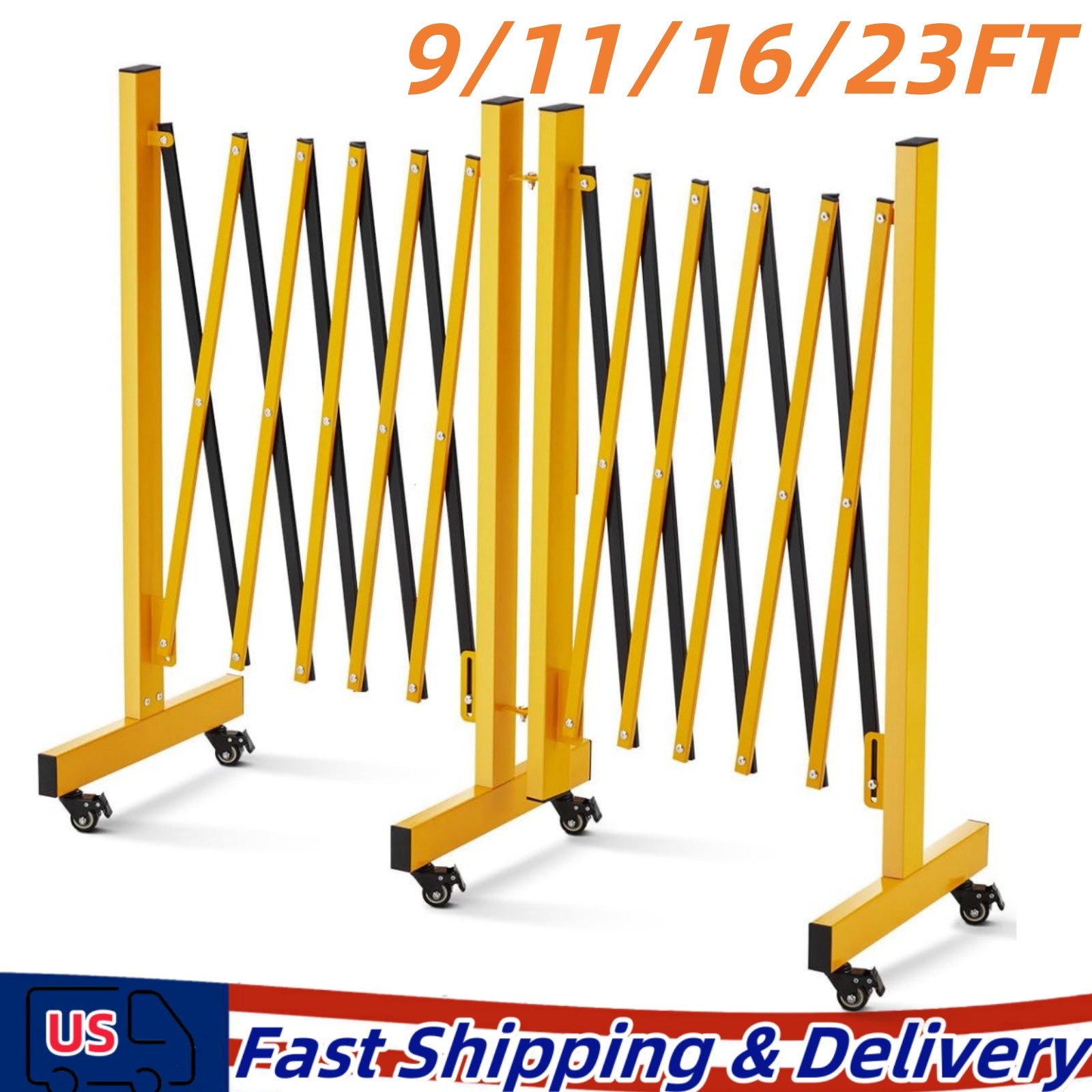 9ft–23ft Expandable Metal Safety Barricade Gate Folding Steel Barrier w/ Wheels