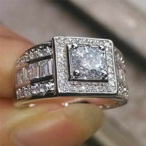 White Diamond 2.30 Ct Round Cut Lab-Created Men's Engagement Ring 925 Silver