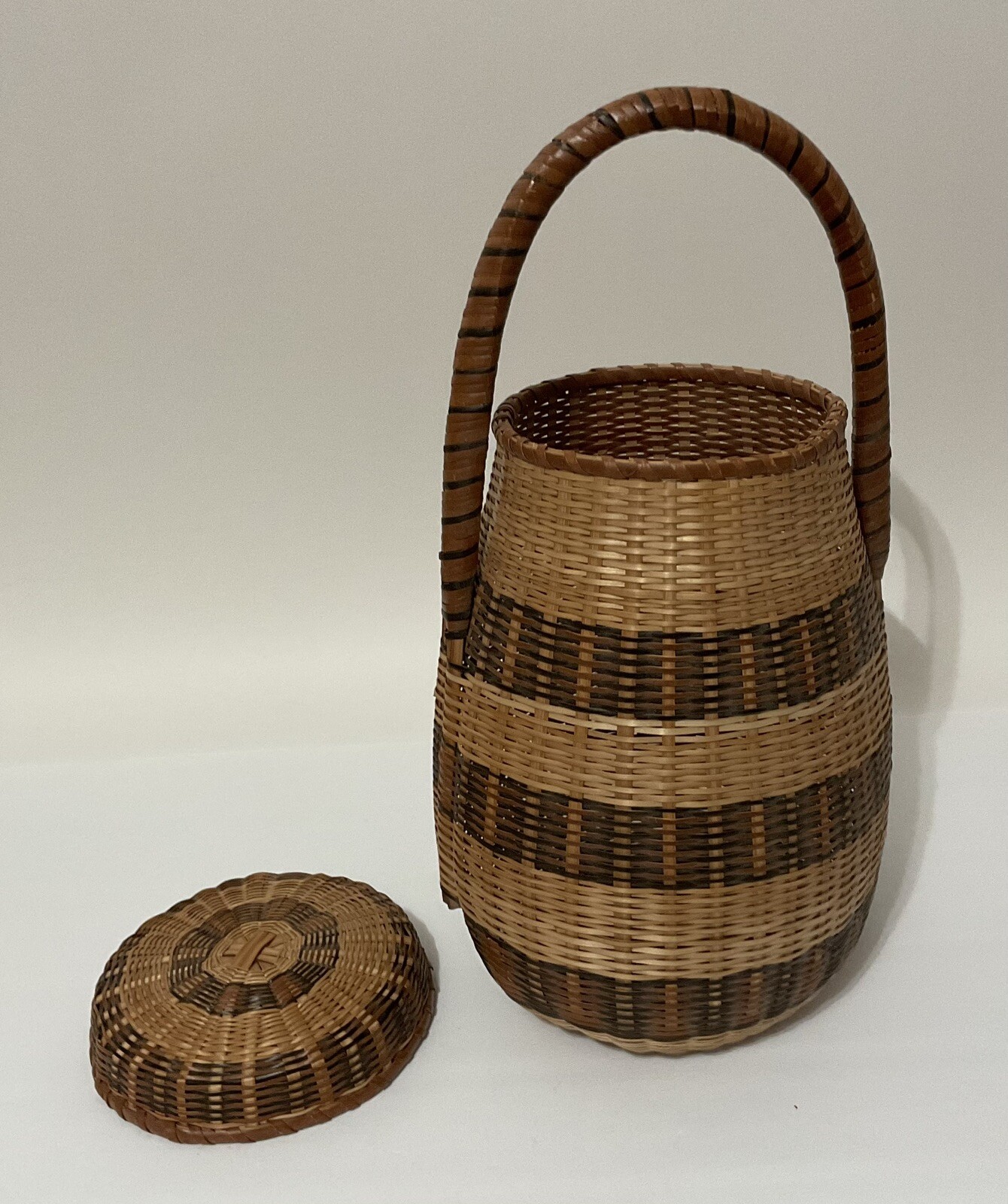 Barrel Shape Decorative Storage Basket with Lid Brown Stripes Handle Woven