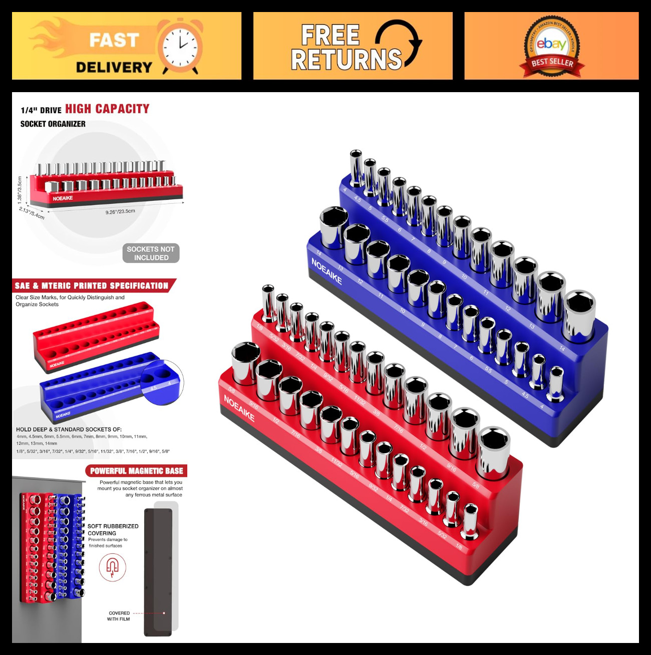 Magnetic Socket Organizer Set - 2-Pack 1/4" Drive Holder for 52 Metric & SAE Soc