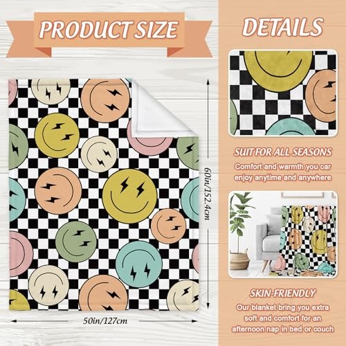 Fuzzy Flannel Blanket Hippie Smile Face Checkerboard Throw Blanket for Home