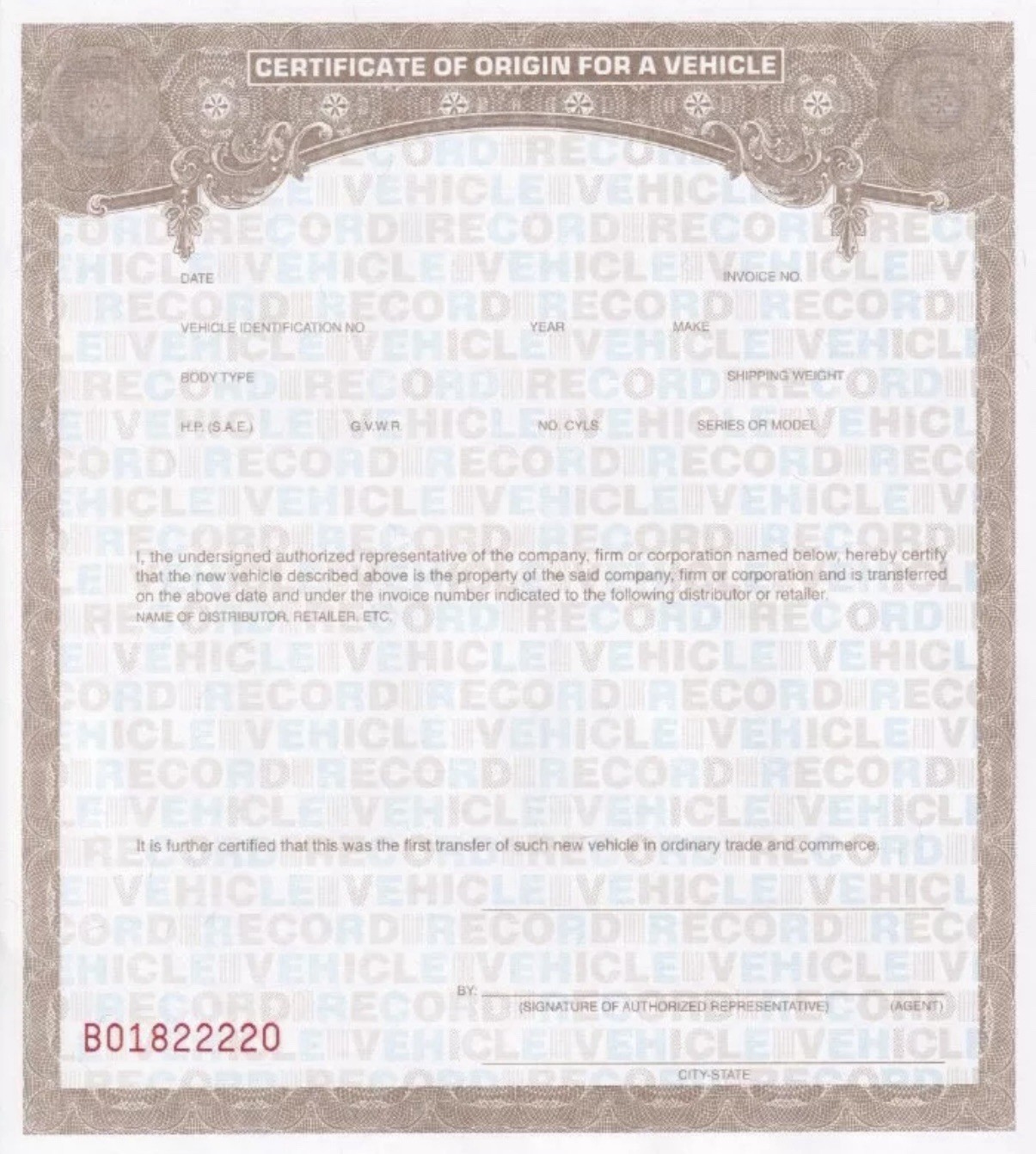 10 BLANK Certificate of Origin MSO MCO Form - Bikes Trikes Trailers Dune Buggies