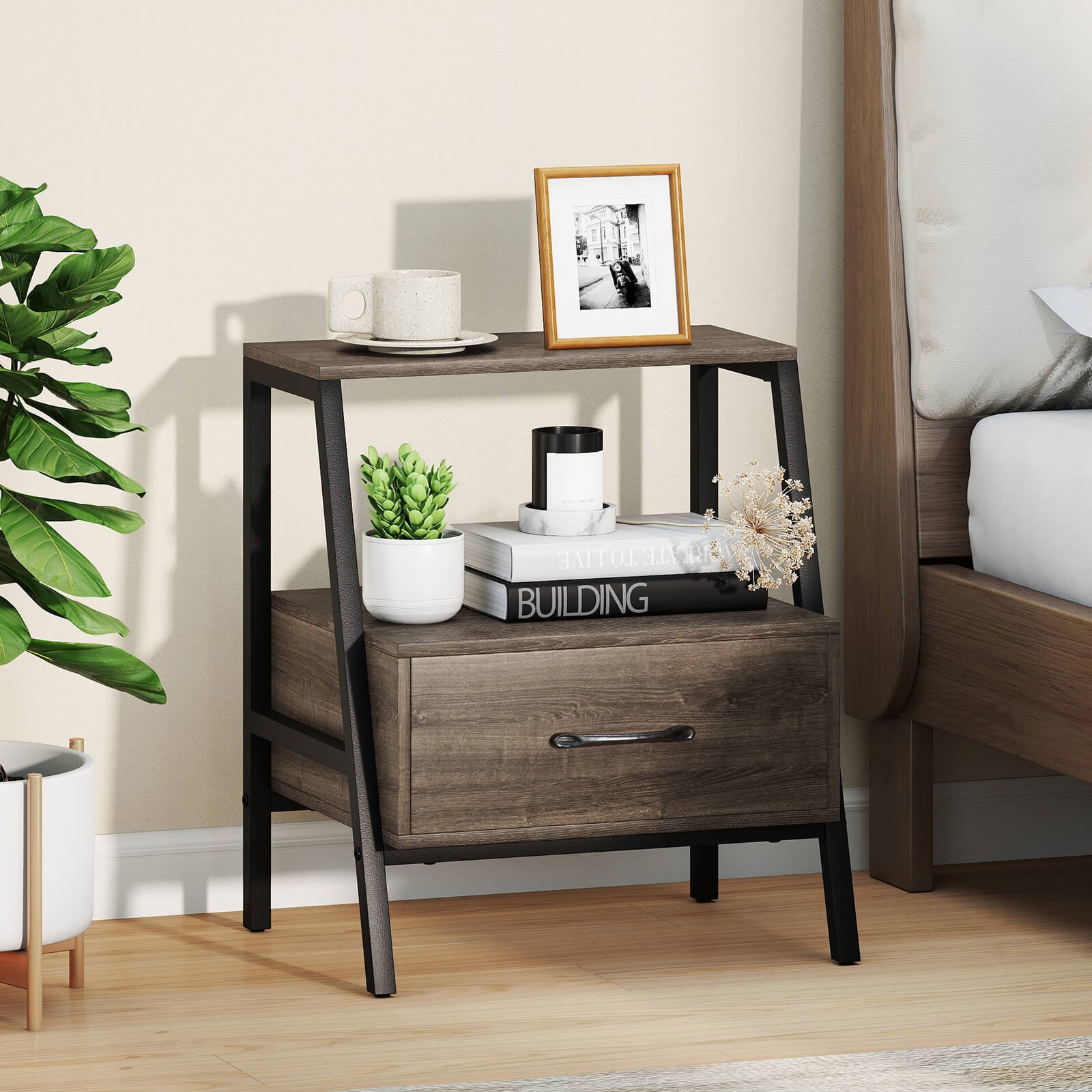 Nightstand with Drawer Farmhouse 3-Tier Bedside Table with Open Shelf End Table