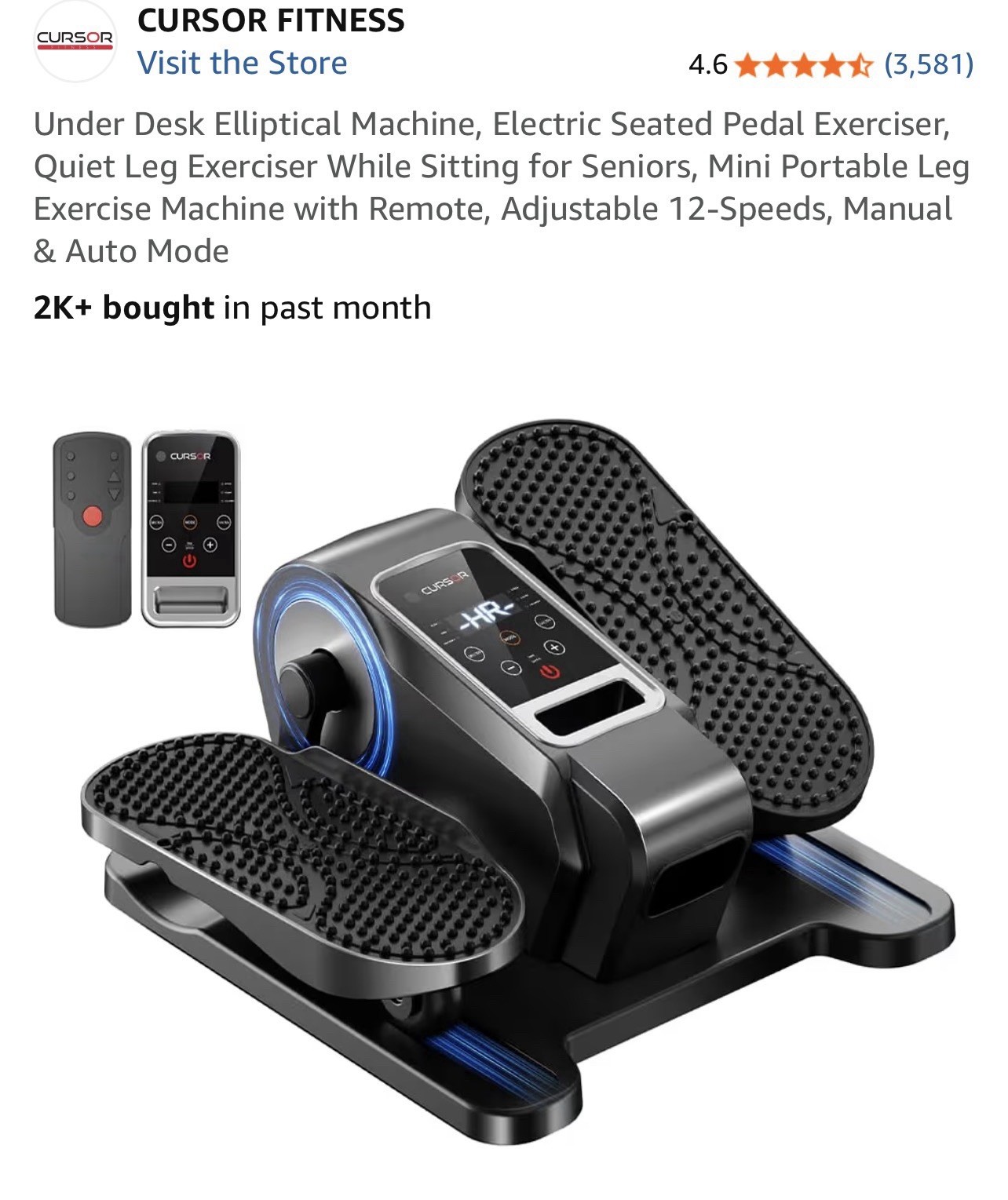 CURSOR C5 Under Desk Electric Elliptical Machine, Black ( 12 Modes w Remote )