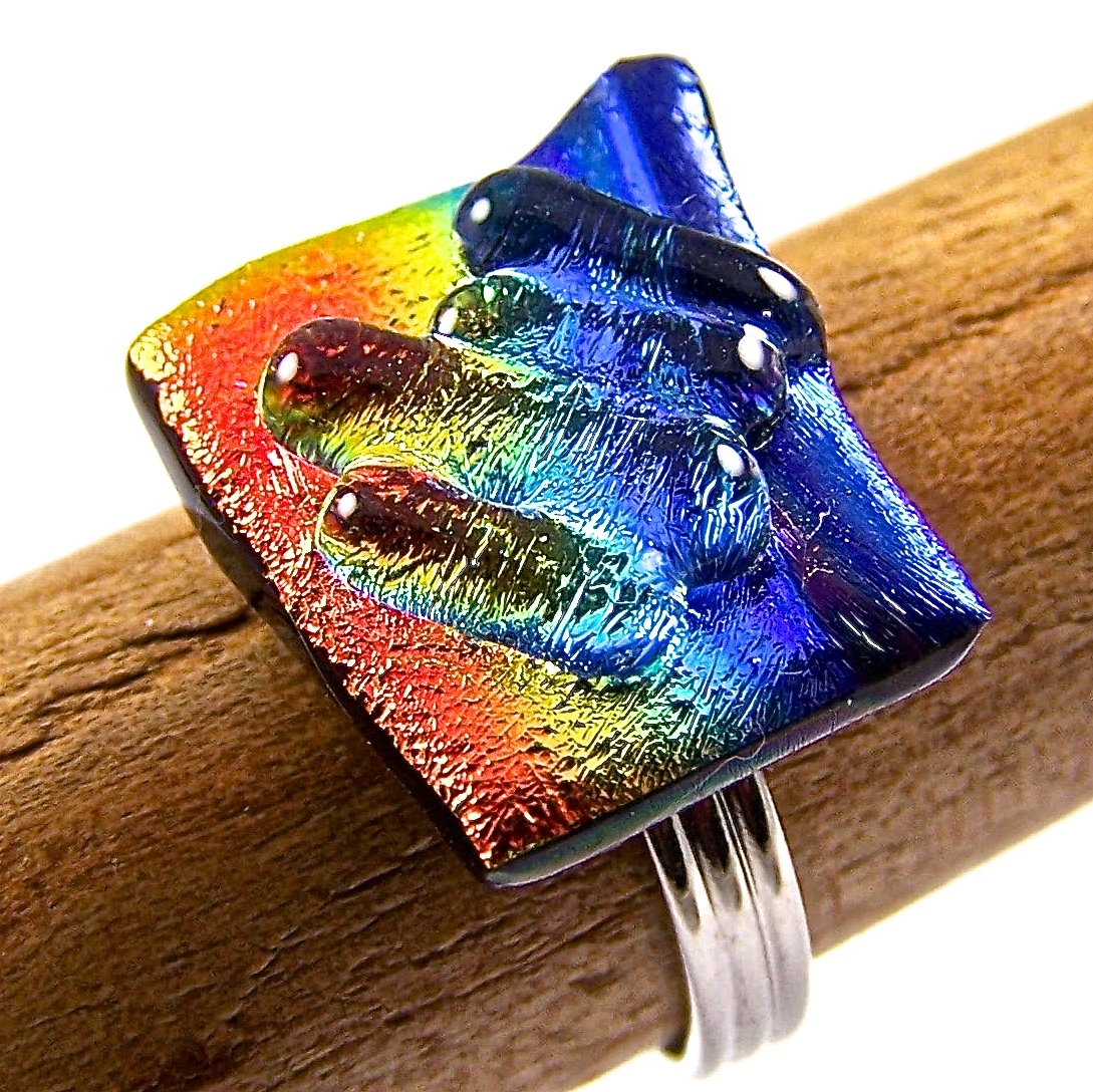 Dichroic Glass Ring Orange Blue Gold Rainbow Prism Abstract Adjustable 3/4" 20mm