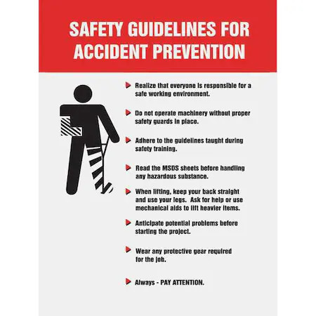 Accuform Sp124490l Poster, Safety Guidelines For Accident Prevention, 22 In H