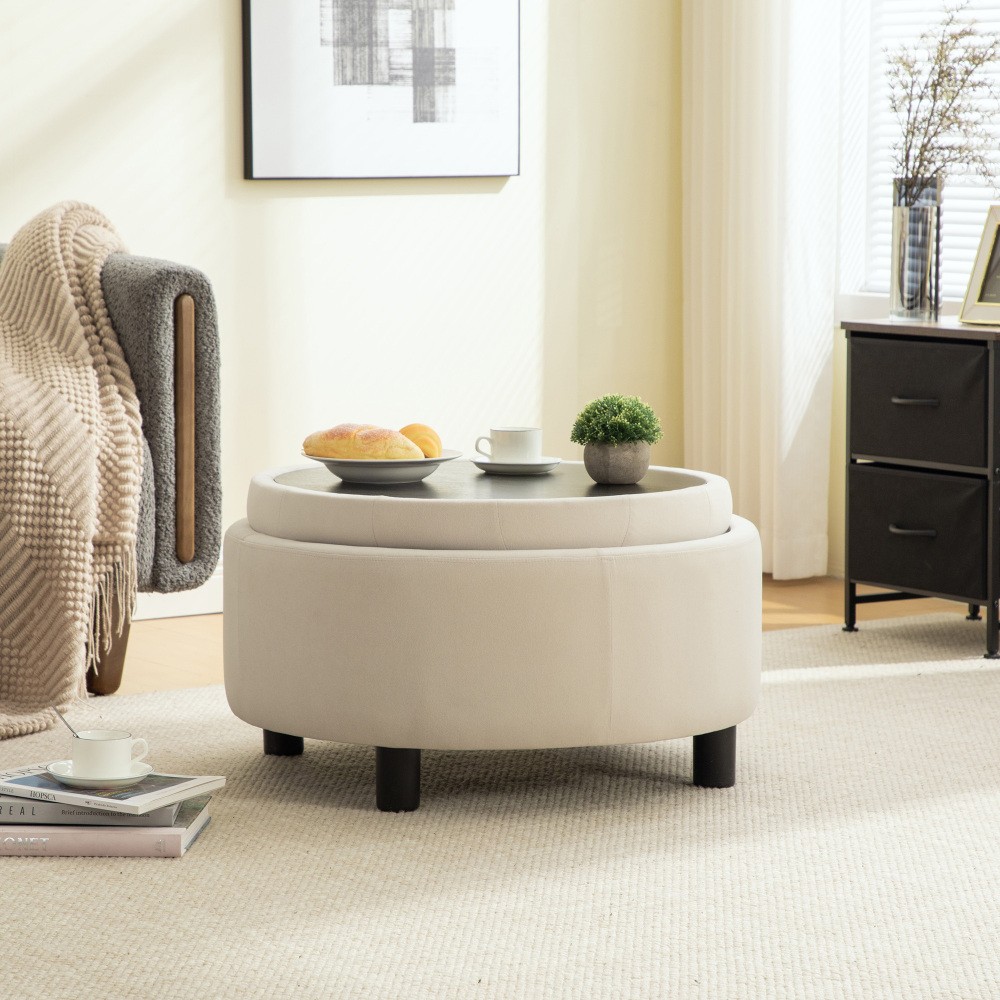29.33inUpholstered Round Ottoman With Reversible Lid Fleece Fabric Storage Stool