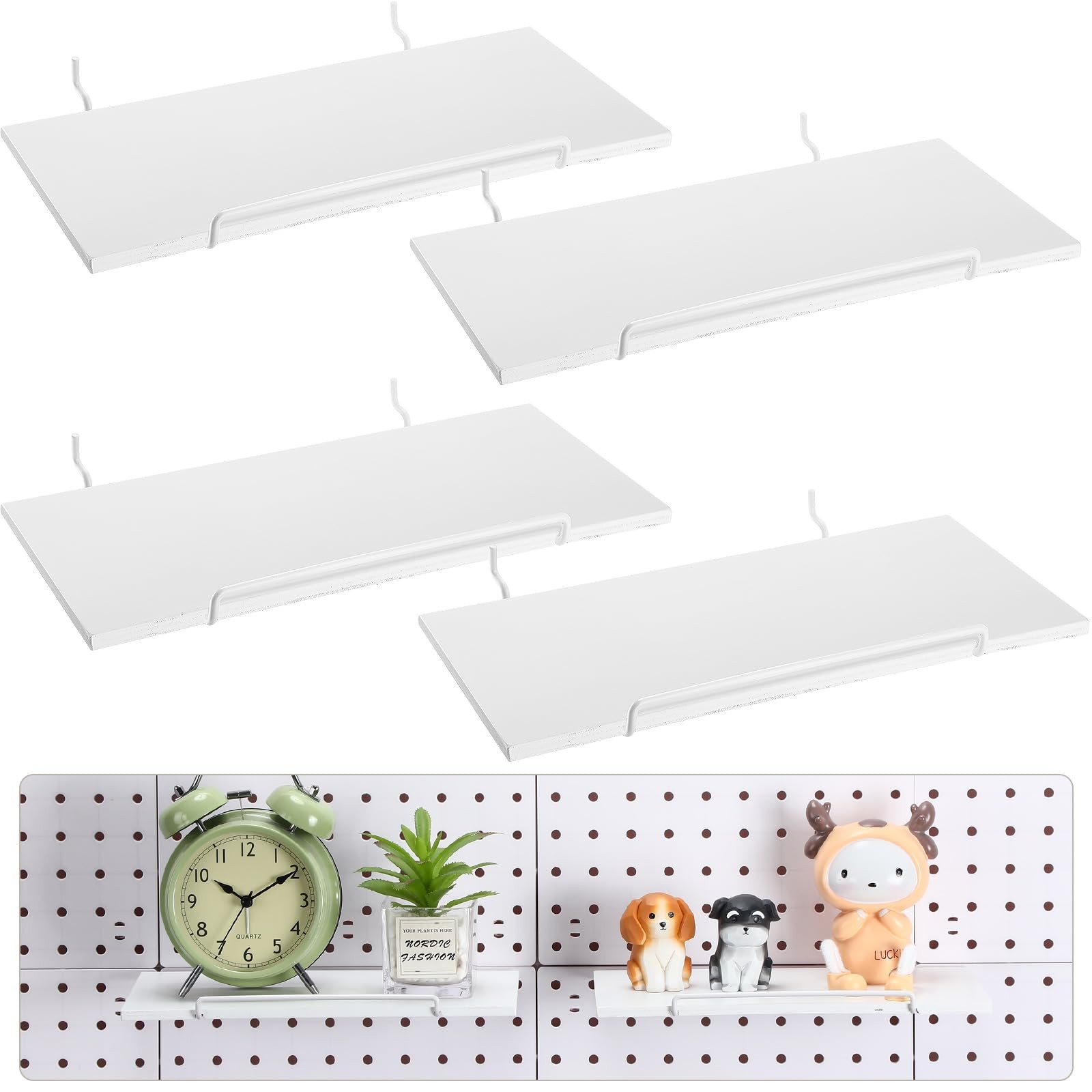 4 PCS White Wooden Pegboard Shelves With Metal Brackets Tray 9.84x5 Inch