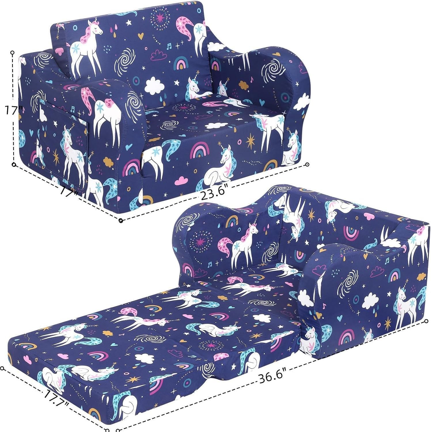 Sofa Infantil Unicornio Arcoíris Cama Para Ninas Convertible 2 En 1 Para Ninos