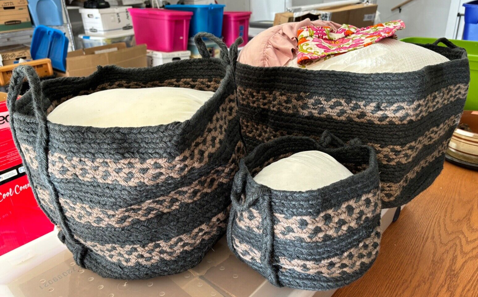 NEW Black Braided Jute Storage Basket Set x3 India 19x12" 14x10" 9x7" + Handles