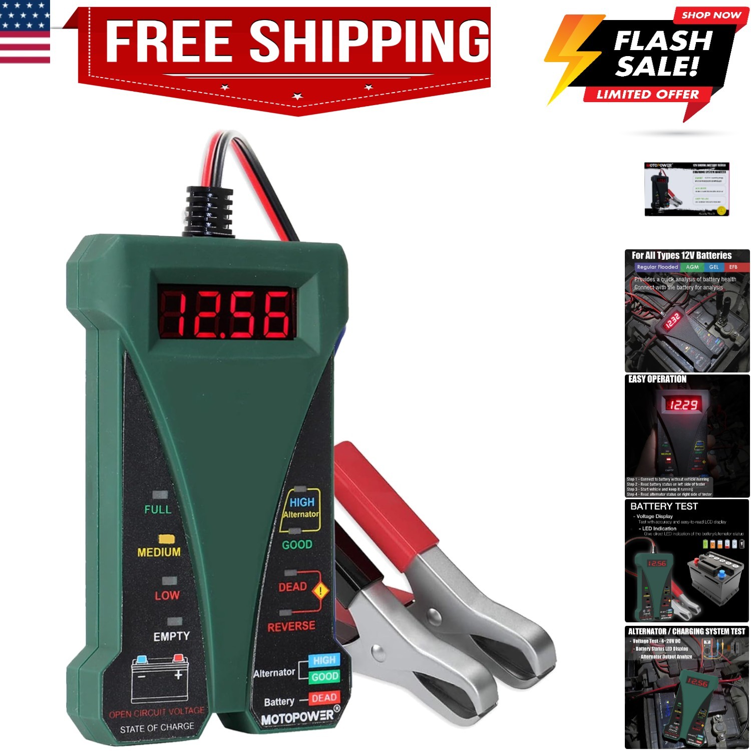 12V Digital Car Battery Tester Voltmeter and Charging System Analyzer with LC...