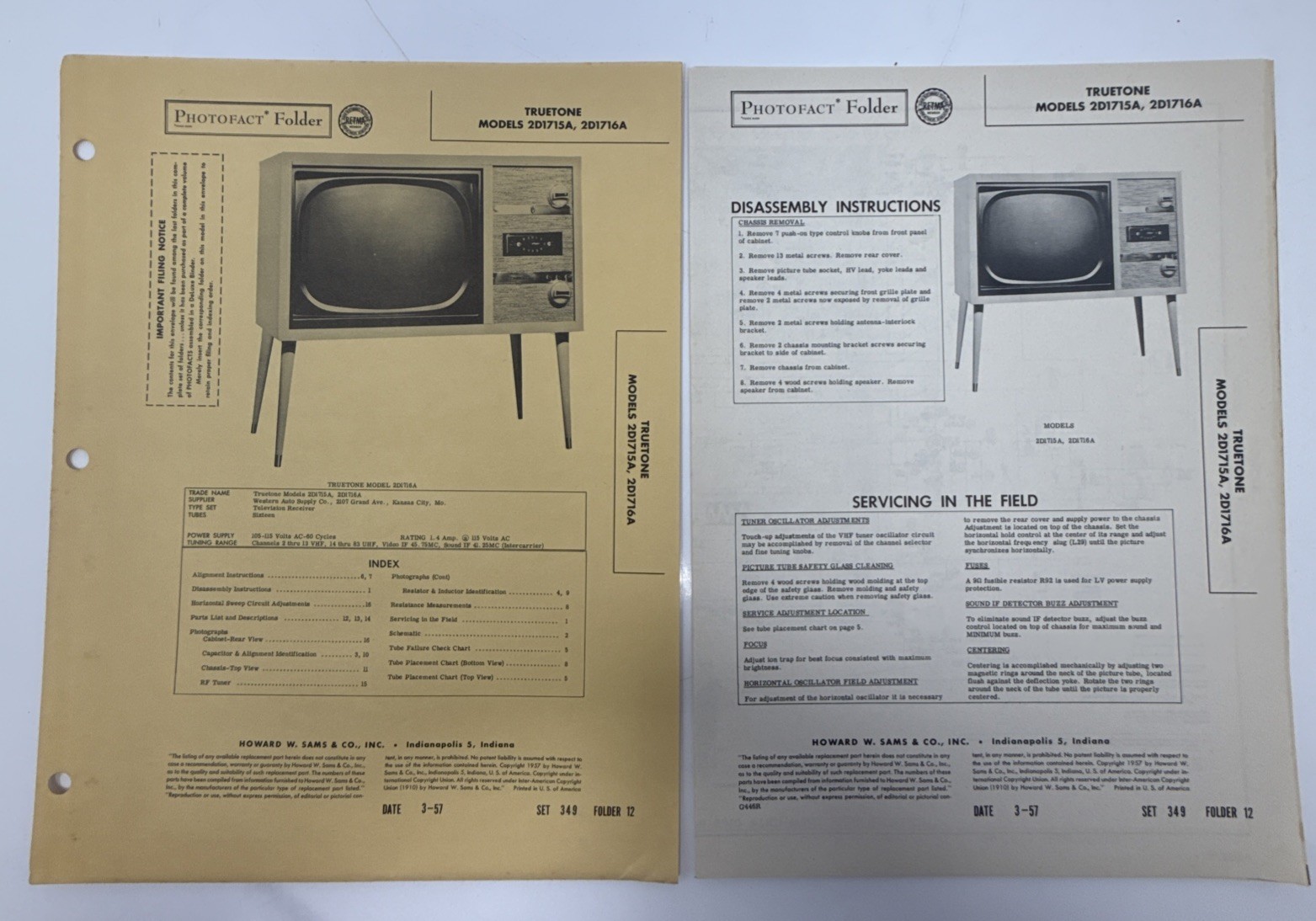 Vintage 1957 SAMS PHOTOFACT  TrueTone Models 2D1715A, 2D1716A Pages 1-16